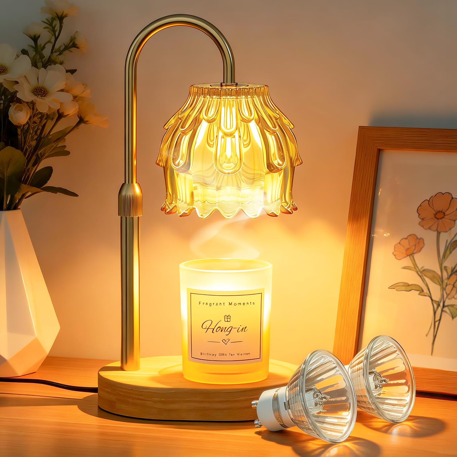 Lámpara Calentadora de Velas, Candle Warmer Lamp con Temporizador y Atenuador, Lámpara Calienta Velas Eléctrico con 2 Bombillas, Vela Lampara Perfumada Altura Ajustable para Hogar Decoración(Ambar)