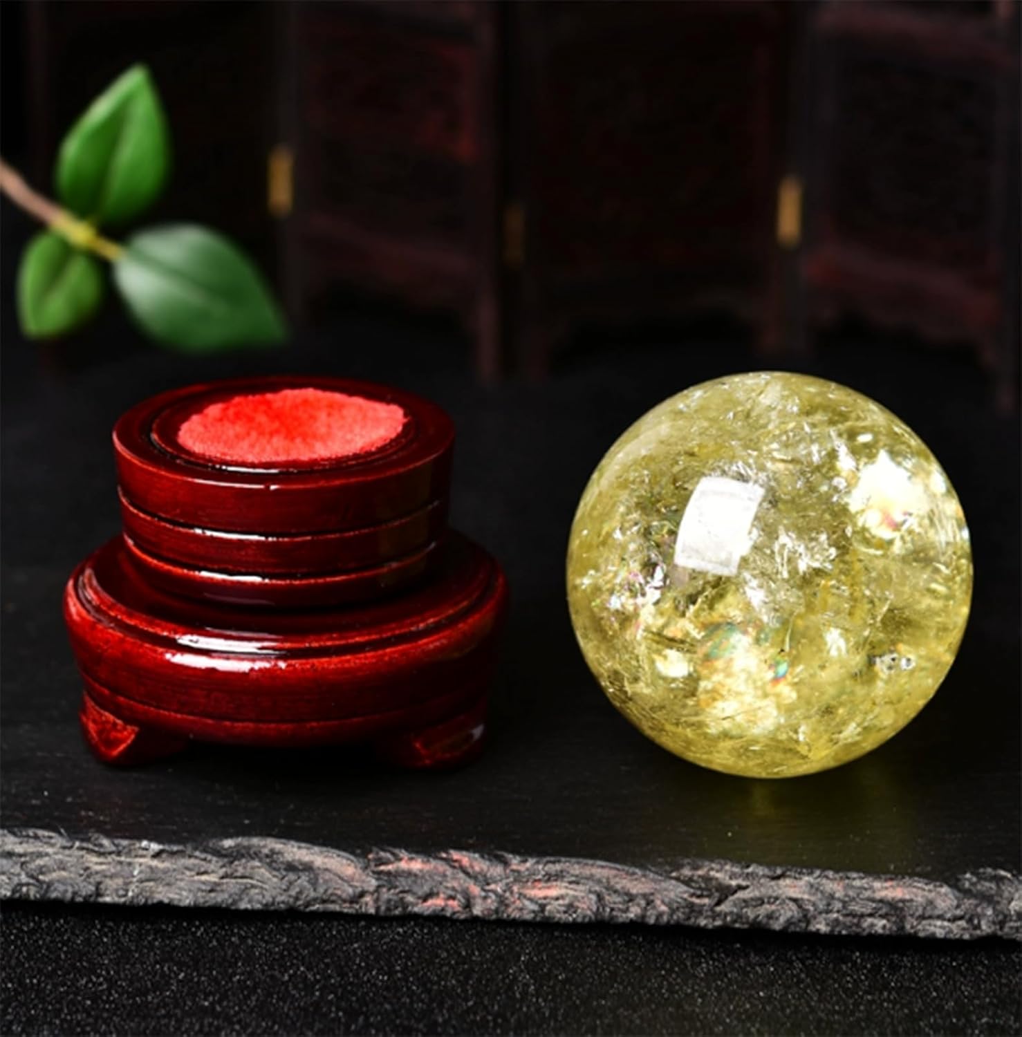 Yellow Citrine Sphere with Base,Polished Stone Ball Ornaments,Home Decorative Crystal Ball for Wealth, Success & Abundance,80mm