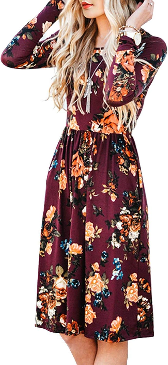 ZESICA Women's Long Sleeve Floral Pockets Casual Swing Pleated T-shirt Dress Burgundy Large