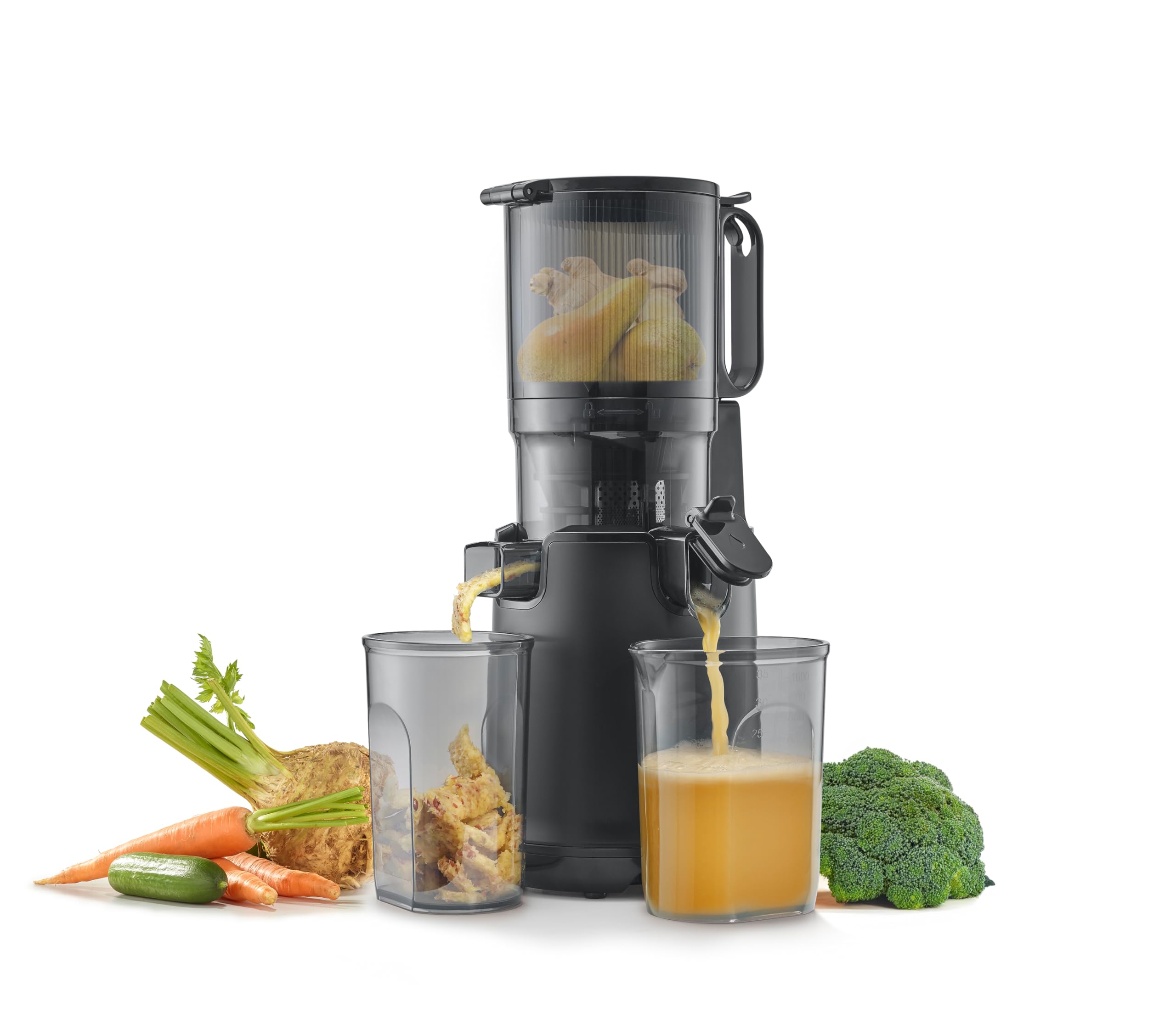 CASO JuiceFit Pro - Licuadoras para zumos y batidos - Slow Juicer con 40 RPM de Velocidad - Abertura grande para frutas enteras - 30% más de jugo - Tamaño Compacto - Jarra 1.000 ml, negra