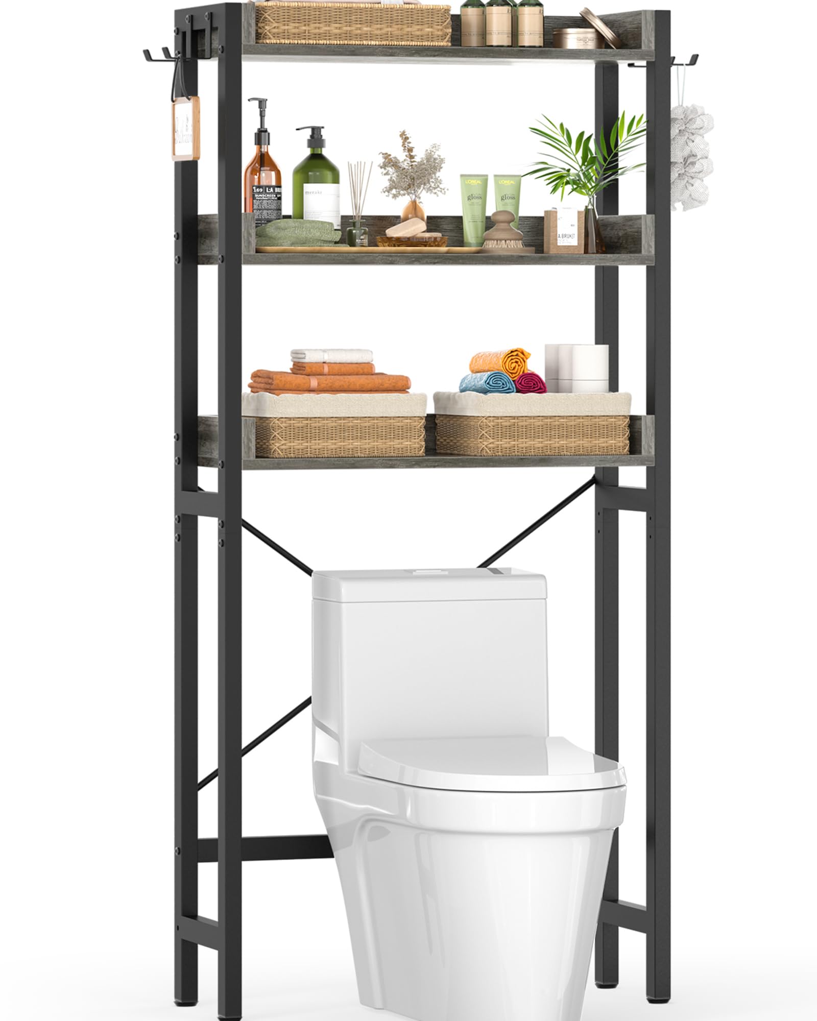 Ecoprsio Over-The-Toilet Storage Rack, 3-Tier Bathroom Organizer Shelf Over Toilet, Freestanding Space Saver Toilet Stands with 4 Hooks, Grey