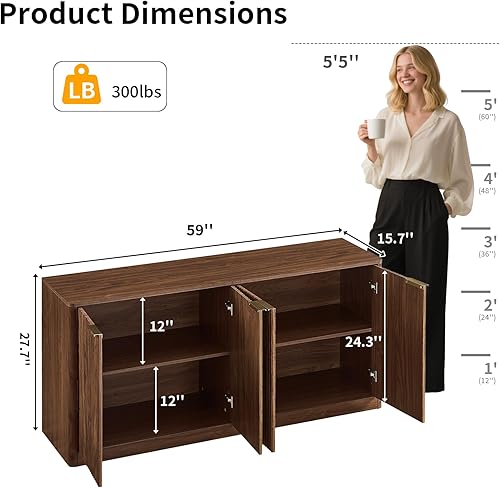 Miniatura 3 de Aparador de buffet de 59 pulgadas con almacenamiento, aparador moderno de acento acanalado de 4 puertas, armario de TV grande para sala de estar,