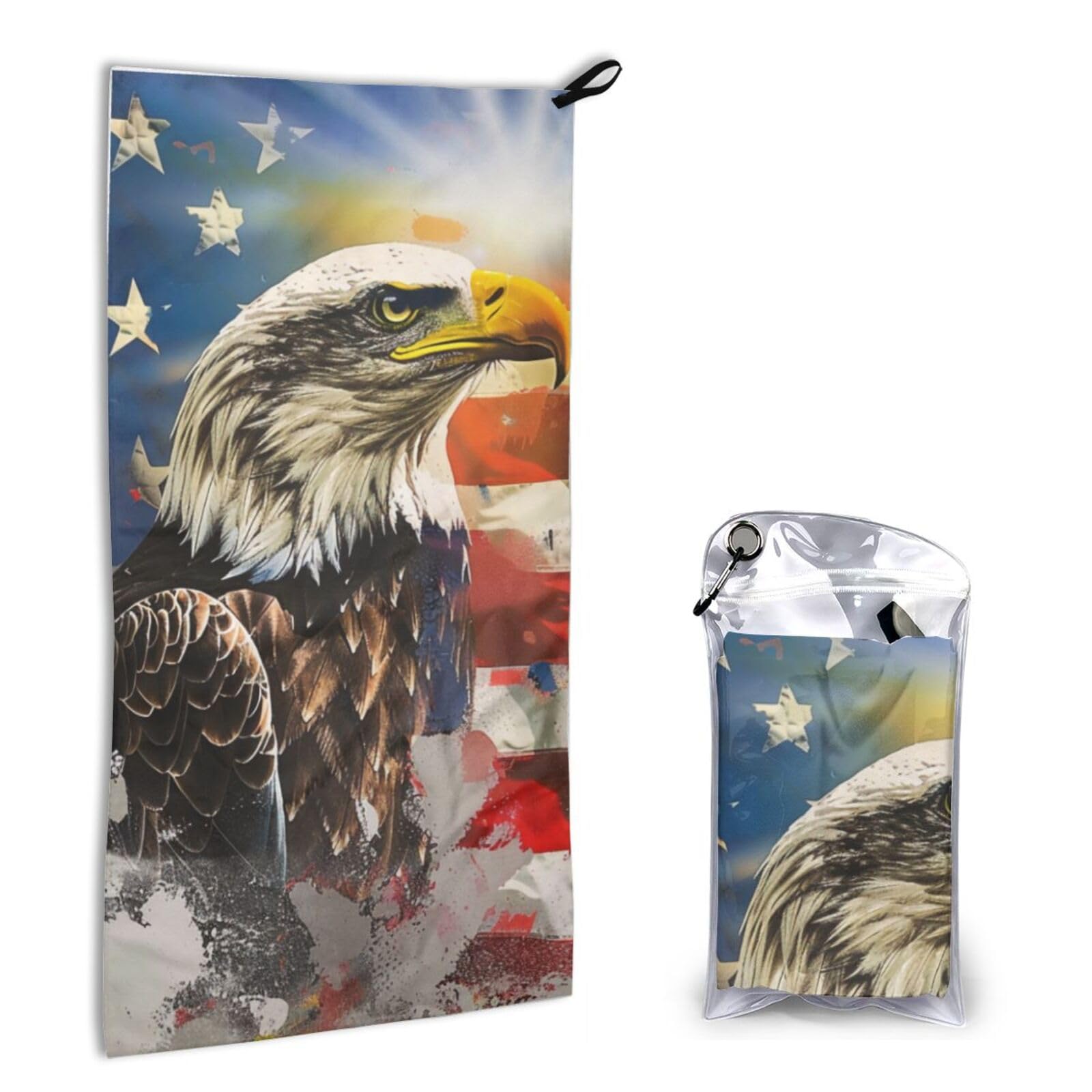 BWWHCCTI Quick Dry Hand Towel With Bag - Flag and Eagle Art Printed Super Absorbent Face Cloth Microfiber Travel Sports Towels 40x80cm