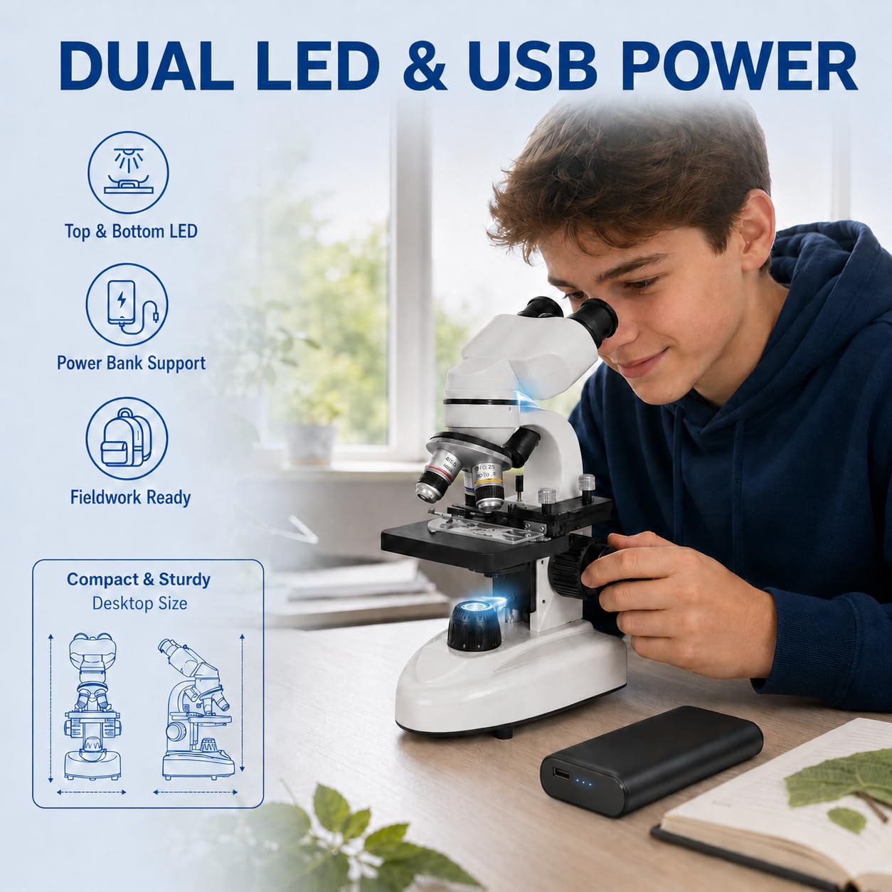 Mikroskop für Erwachsene & Studenten mit 2MP USB-Kamera & 3D-Bühne, 40X-1600X | Biologisches Fernglas-Mikroskop mit Dual-LED, DIY 15 Dia-Kit, Handy-Adapter & stoßfestes Gehäuse für MINT-Bildung