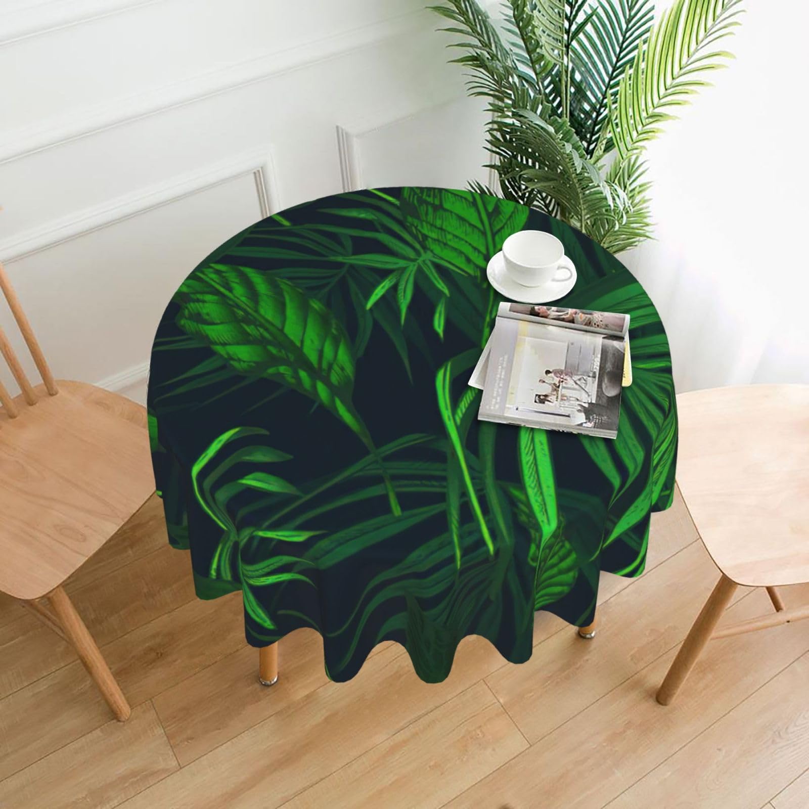 Uusnwaa Green Tropical Jungle Plant Print Round Tablecloth 60 Inch, Stain Wrinkle Resistant Washable Polyester Table Cover For Kitchen Party