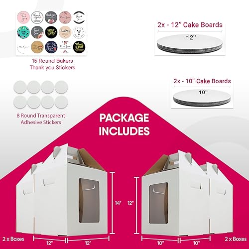 Miniatura 2 de Paquete de 4 cajas altas de tres asas para pasteles con ventanas en 2 tamaños de 10 x 10 x 12 y 12 x 12 x 14 + 4 tablas de pastel de 10 y 12
