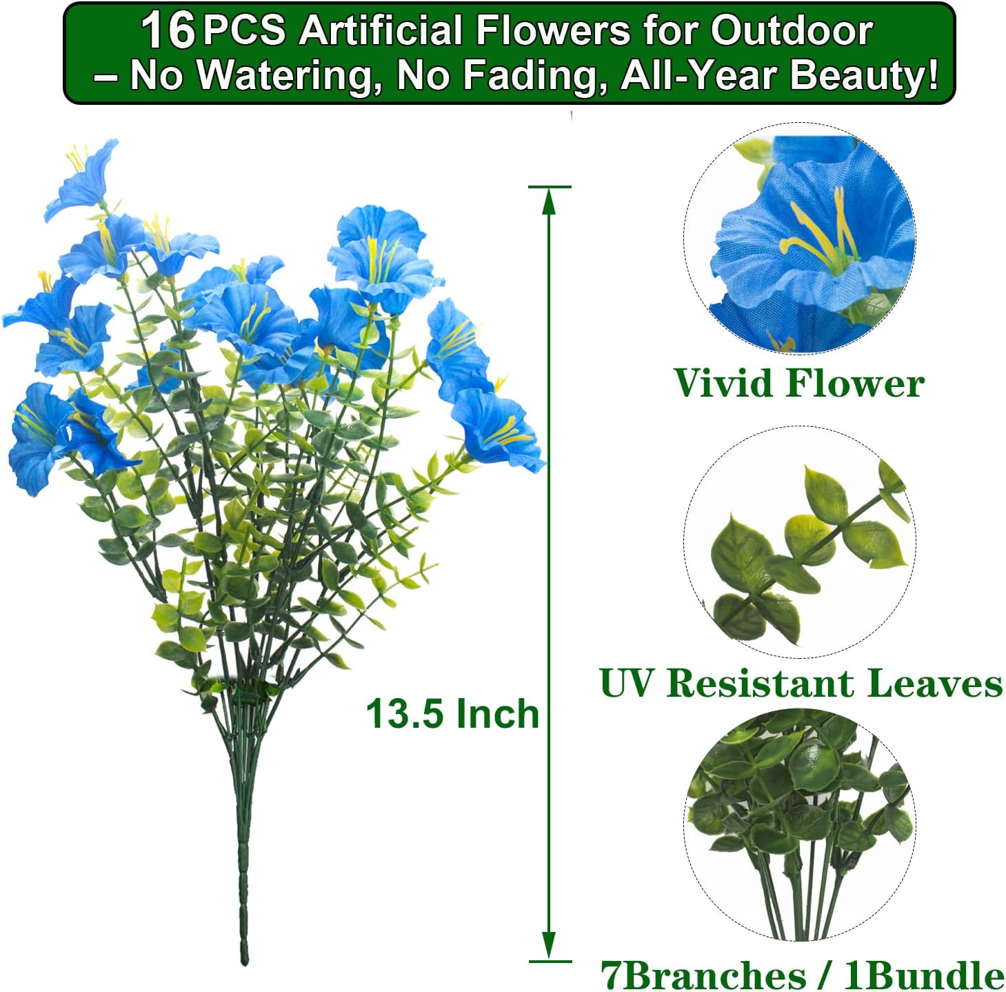 Grunyia UV Resistant Artificial Morning Glory Flowers - 16 Bundles Blue Faux Plastic Fake Plants with Eucalyptus for Outdoor Indoor Porch Patio Planter Window Box Garden Home Decor