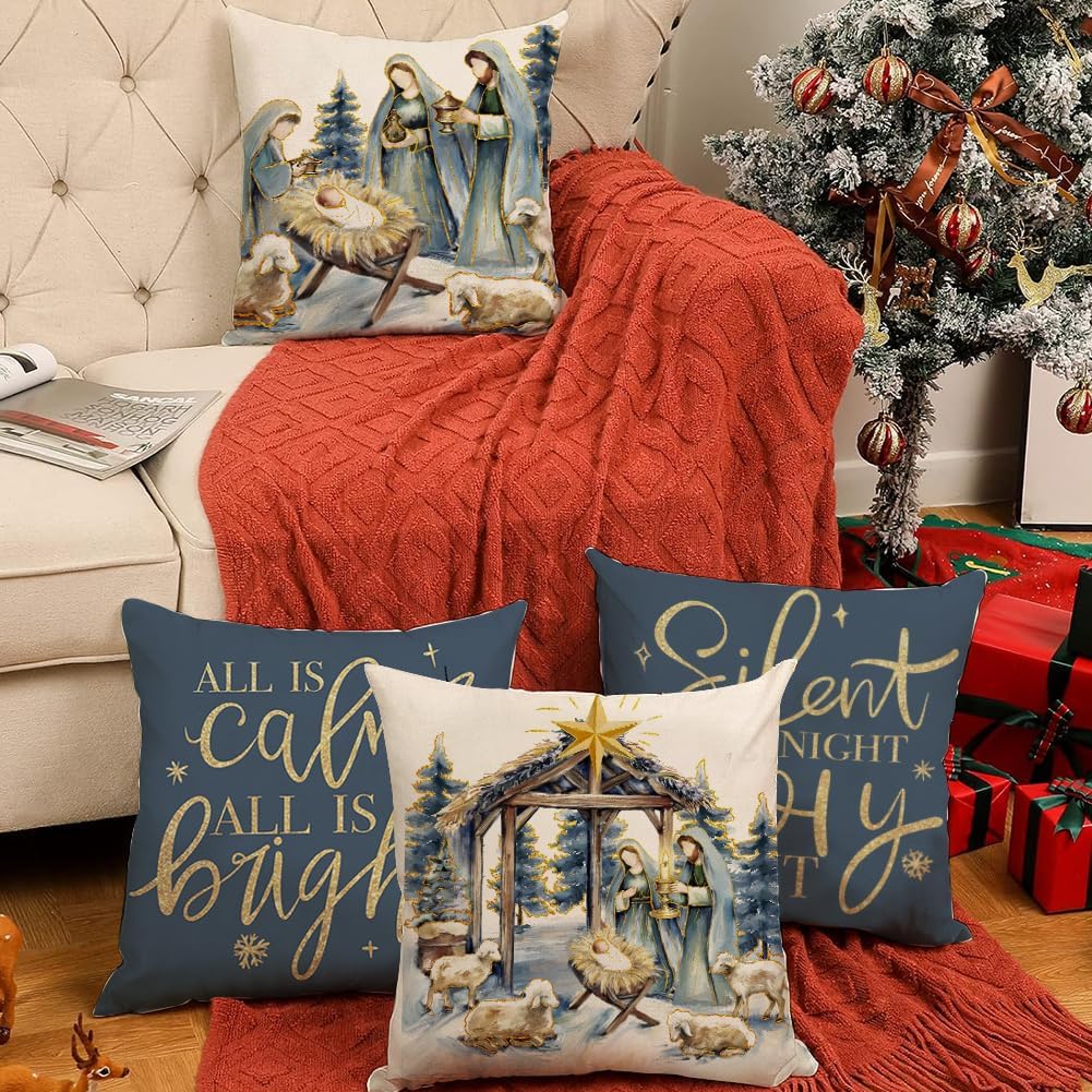 Christmas Pillow Covers 20X20 Inch Set of 4, Nativity Scene O Holy Night Jesus Snowflake Holiday Decor, All is Calm All is Bright Pillowcases for Sofa Couch Winter Home Decoration