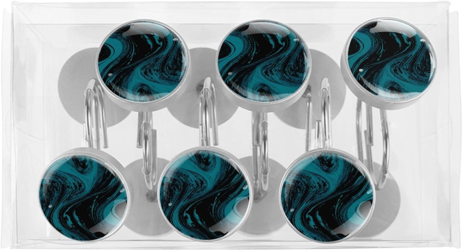 12 Packs Teal Marble Shower Curtain Hooks, Stainless Steel Glass Shower Curtain Rings for Bathroom Decor, Metal Rustproof Curtain Rod Hooks