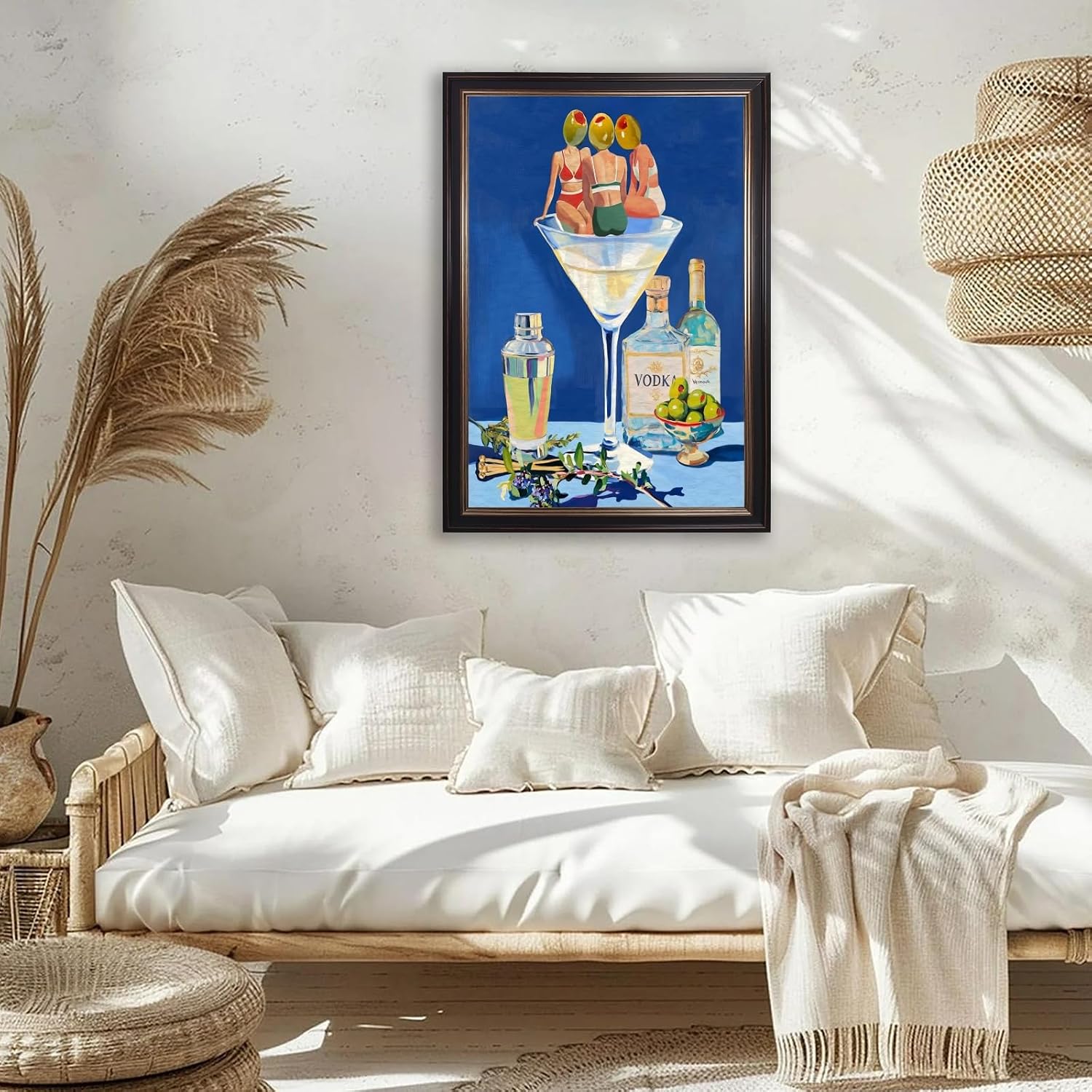 PMKXFGK Black Framed Vintage Dirty Martini Wall Art Trendy Bar Cart Decor Canvas Print Retro Cocktail Wall Decor Aesthetic Modern Mid Century Drink Blue Poster for Kitchen Dining Room Home 12x16inch