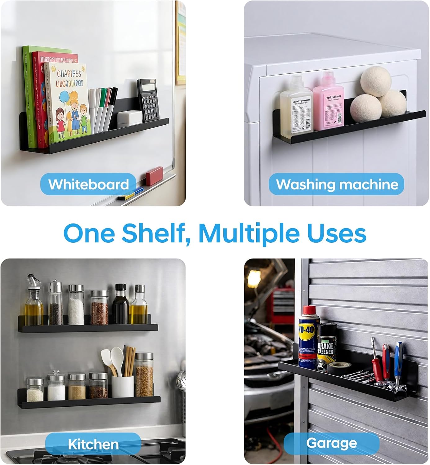 2 Pack 17" Metal Magnetic Bookshelf for Whiteboard, Strong Reusable Magnetic Display Shelf, Holds up to 12 lbs, Storage Organizer for Classroom, Kids Room, Office, Kitchen & Garage