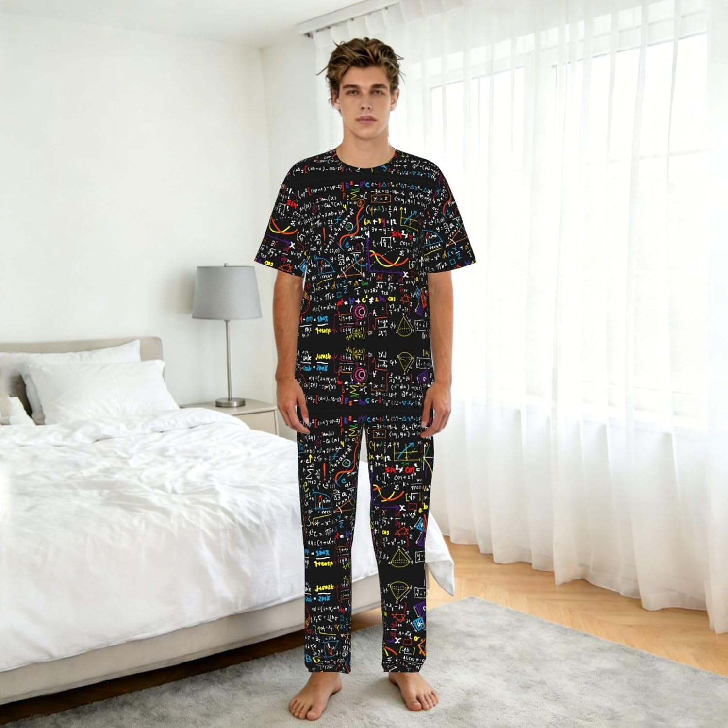 Men'S 2 Piece Loungewear Pajama Set Math Formula Print Short Sleeve Tee Top And Pants Set S-3xl