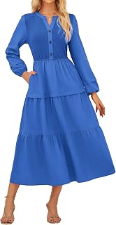 Long Sleeve Dress for Women 2025 Fall V Neck Tiered A-Line Dress Casual Work Maxi Dresses with Pockets