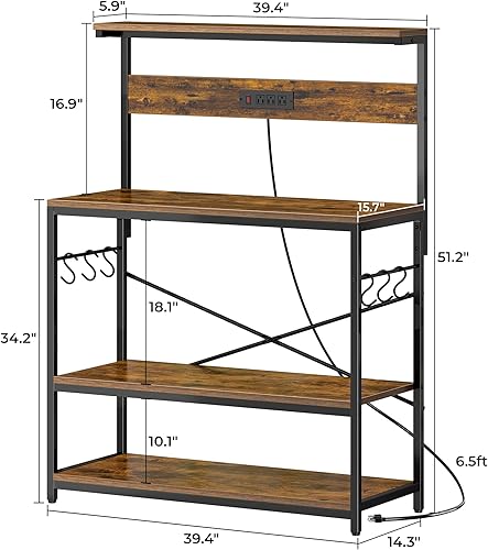 Miniatura 16 de SUPERJARE - Estante de cocina con toma de corriente de 4 niveles, soporte de microondas de cocina con 6 ganchos en forma de S, estante de Marrón