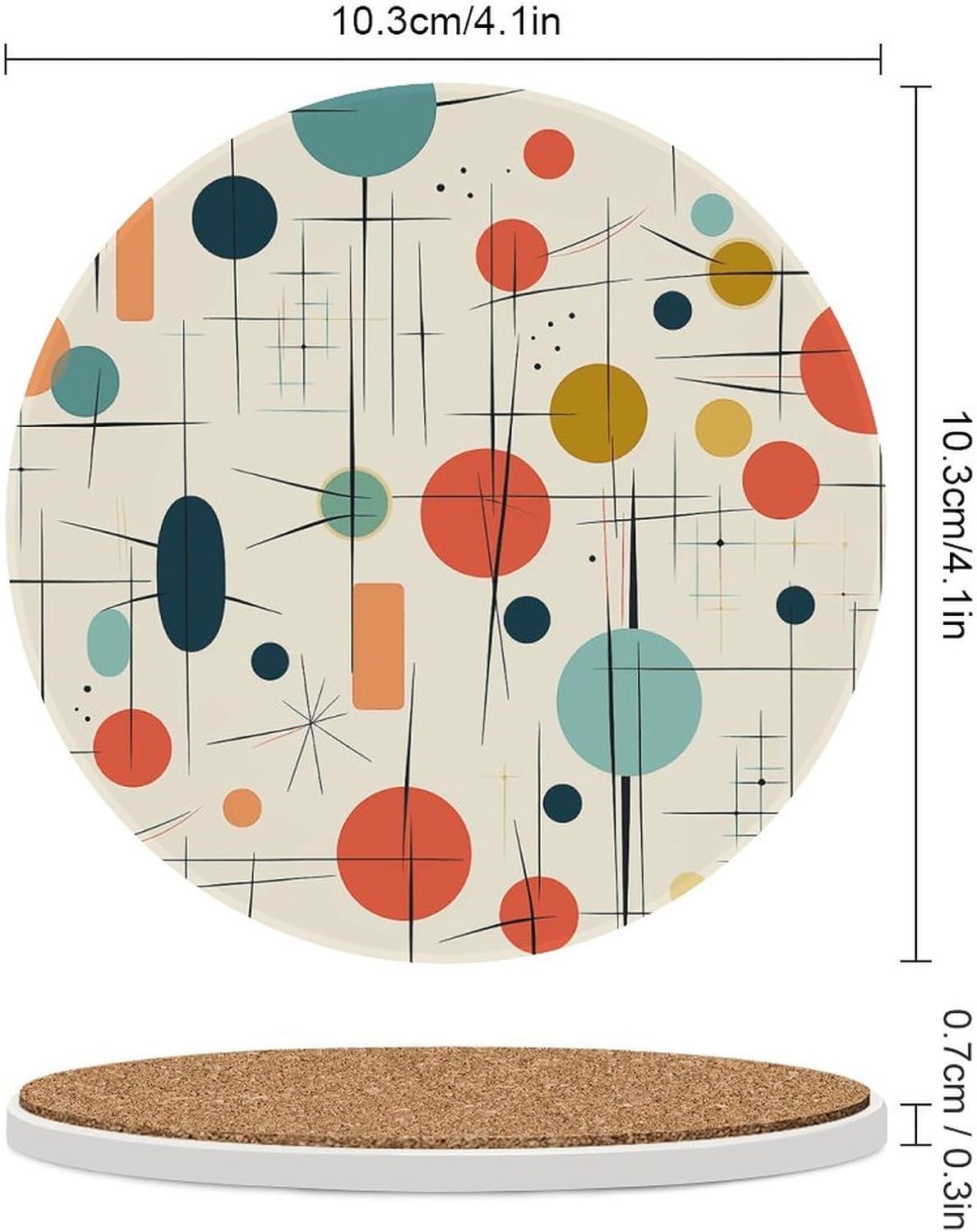 6PCS Modern Mid Century Coasters Non-Slip Round Drink Coasters with Ceramic Stone and Cork Base, Heat Resistant Absorbent 33.00Stone Coaster Set for Kinds of Mugs and Cups, 4 Inch