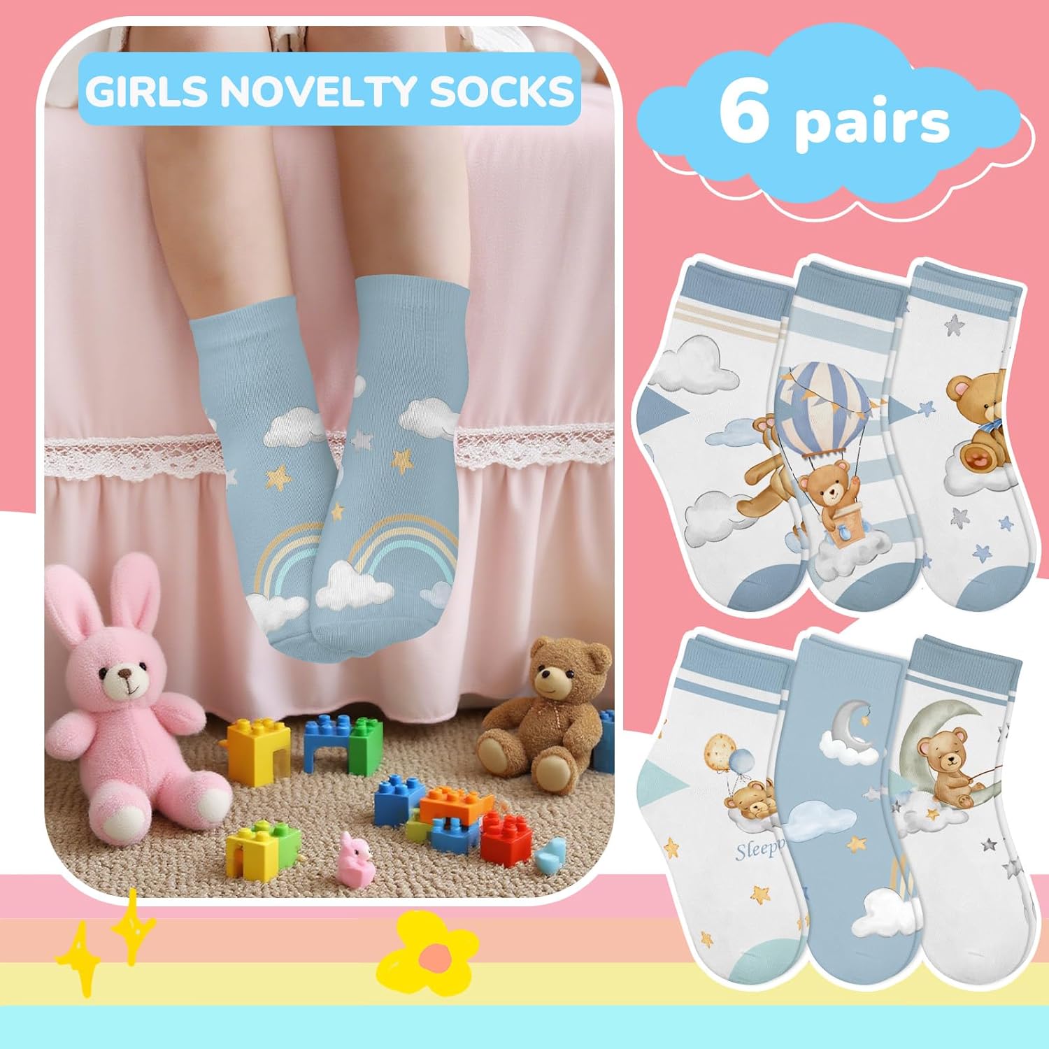 6 Pairs Kids Girls Ankle Socks Low Cut Cartoon Bear Balloon Animals Breathable No Show Socks aged for 2-11 Years - Image 2