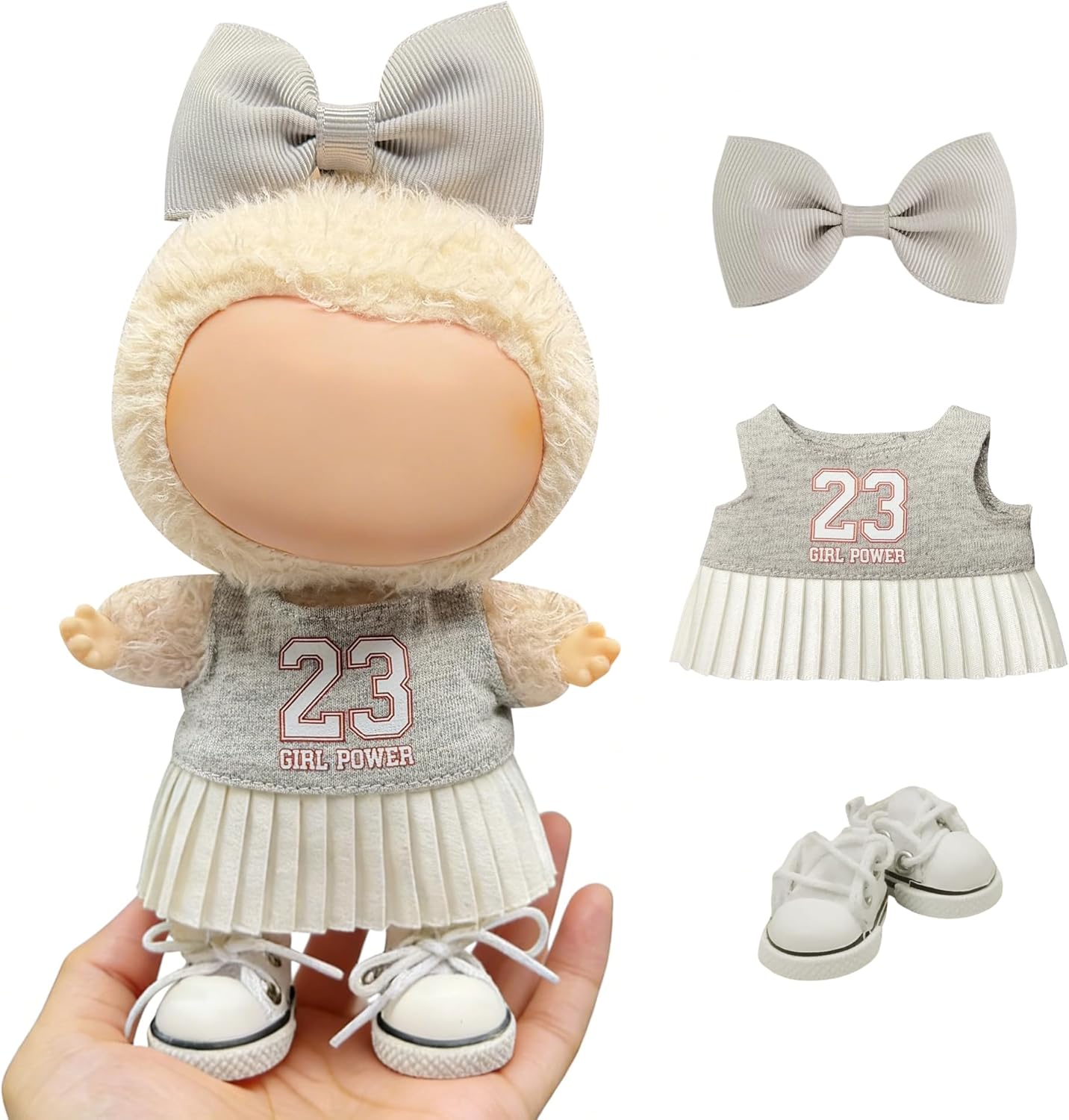 Cheerleader Preppy Style for LABUBU Clothes or LABUBU Outfits , 3-Piece Varsity Style Dress Set with '23' Characters, Bow & Canvas Sneakers