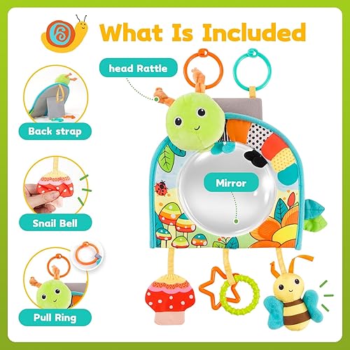 Miniatura 4 de Koty Juguete para asiento de automóvil para bebés, centro de actividades para patear y jugar con espejo, mordedor y papel arrugado, divertido