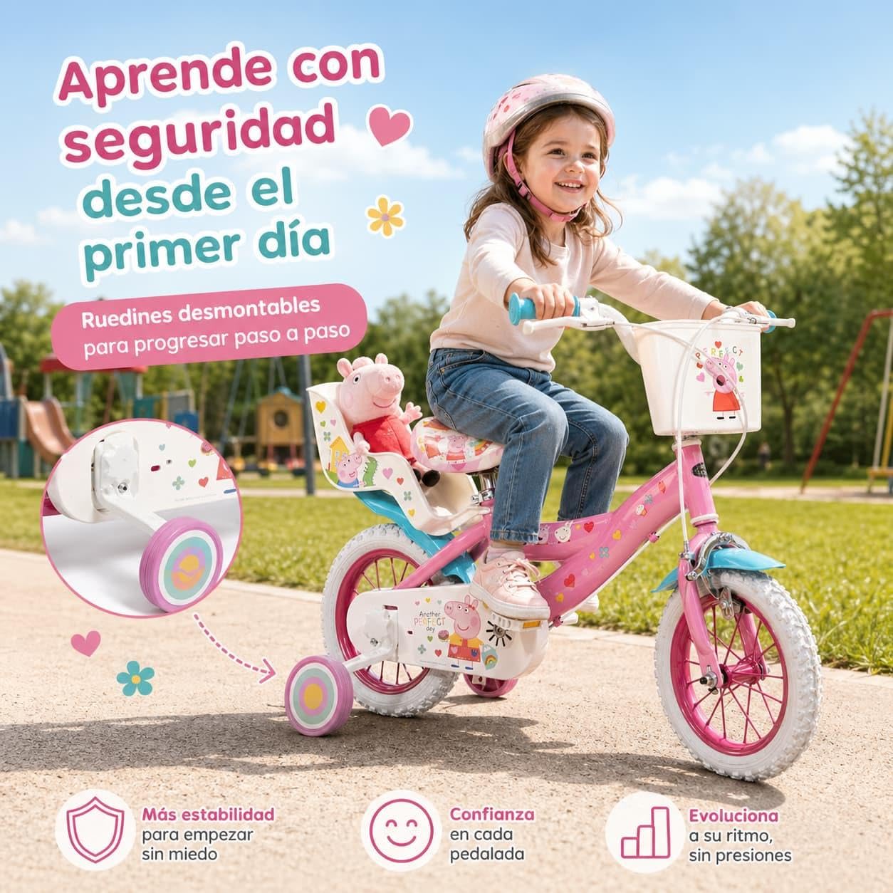 Kinderfahrrad Peppa Pig 12 Zoll mit Stützrädern Korb Puppensitz 3-5 Jahre