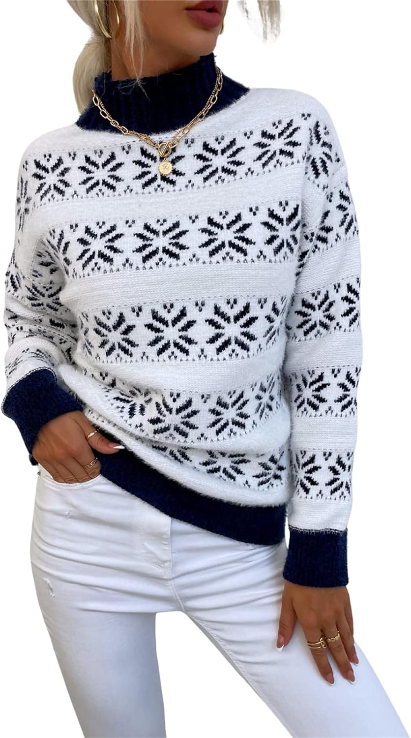 Weihnachtspullover Damen Norweger Design - Winter Pullover Mit Stehkragen & Schneeflocken