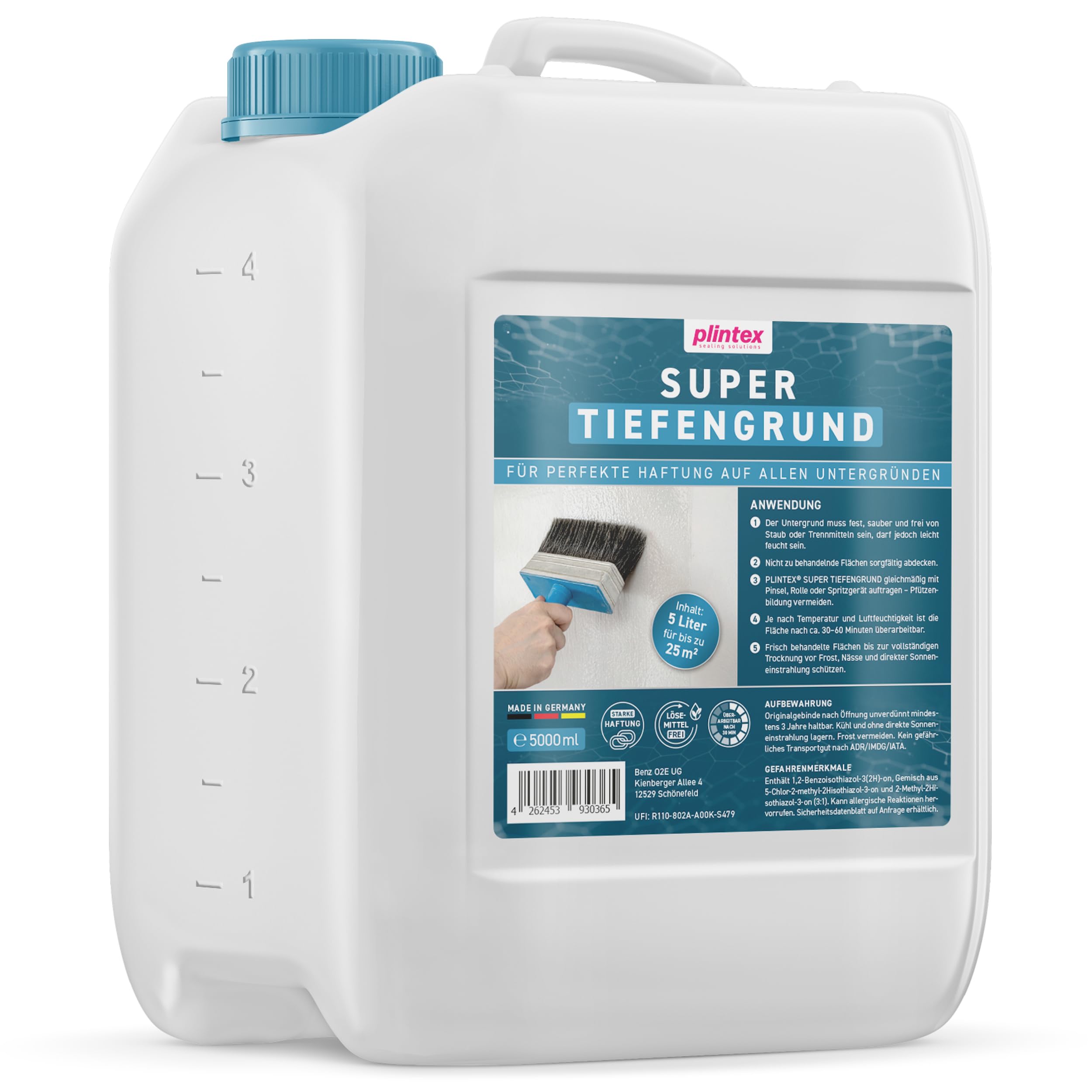 PLINTEX® Super Tiefengrund Innen & Außen 5L für ca 25 m² - Haftgrund für saugende & nicht-saugende Untergründe - Grundierung für Fliesen, Beton, Wand, & Holz, geruchsarm & lösemittelfrei