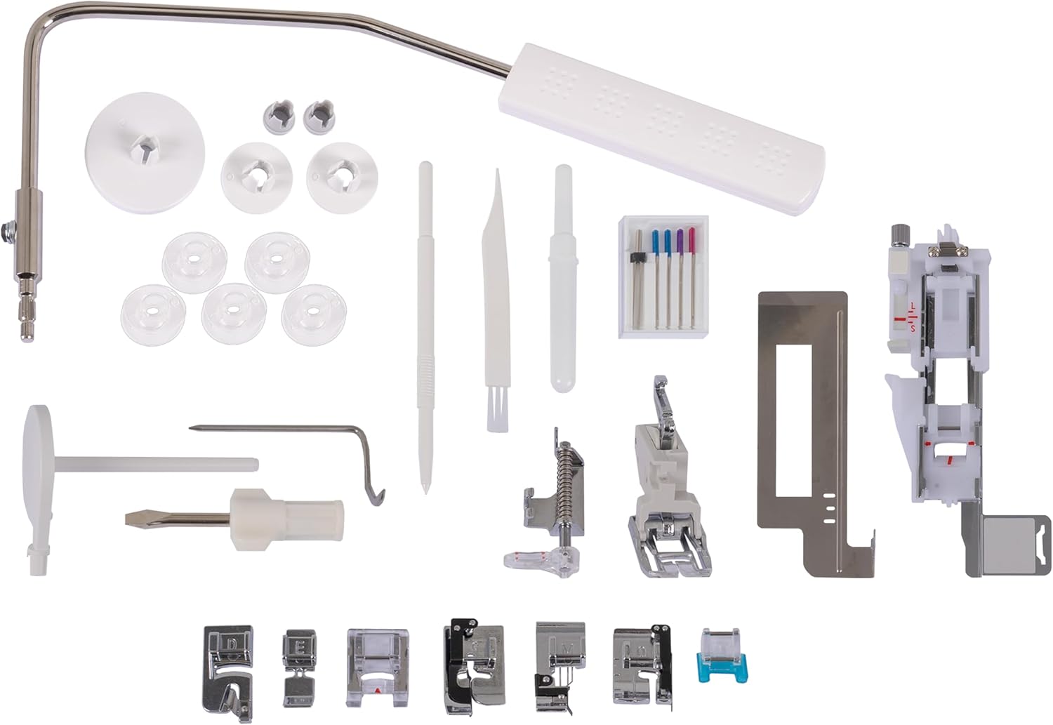 Assortment of Janome sewing machine accessories including various presser feet, bobbins, needles, and tools