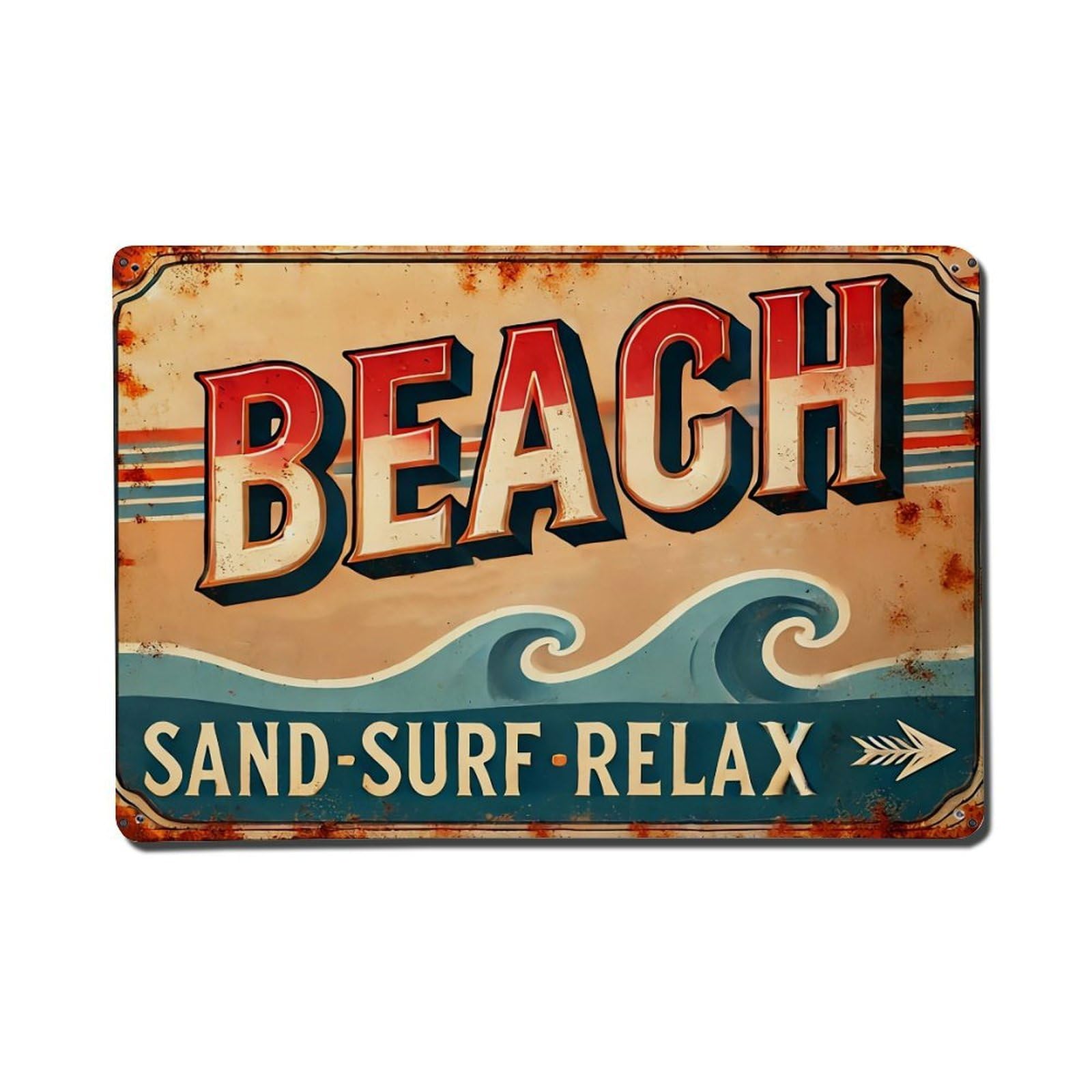 Beach Sand Surf Relax Wave Retro Metal Tin Sign, Vintage Decor Art Poster for Bar, Home, Man Cave, Kitchen, Laundry Room Gift 8x12Inch