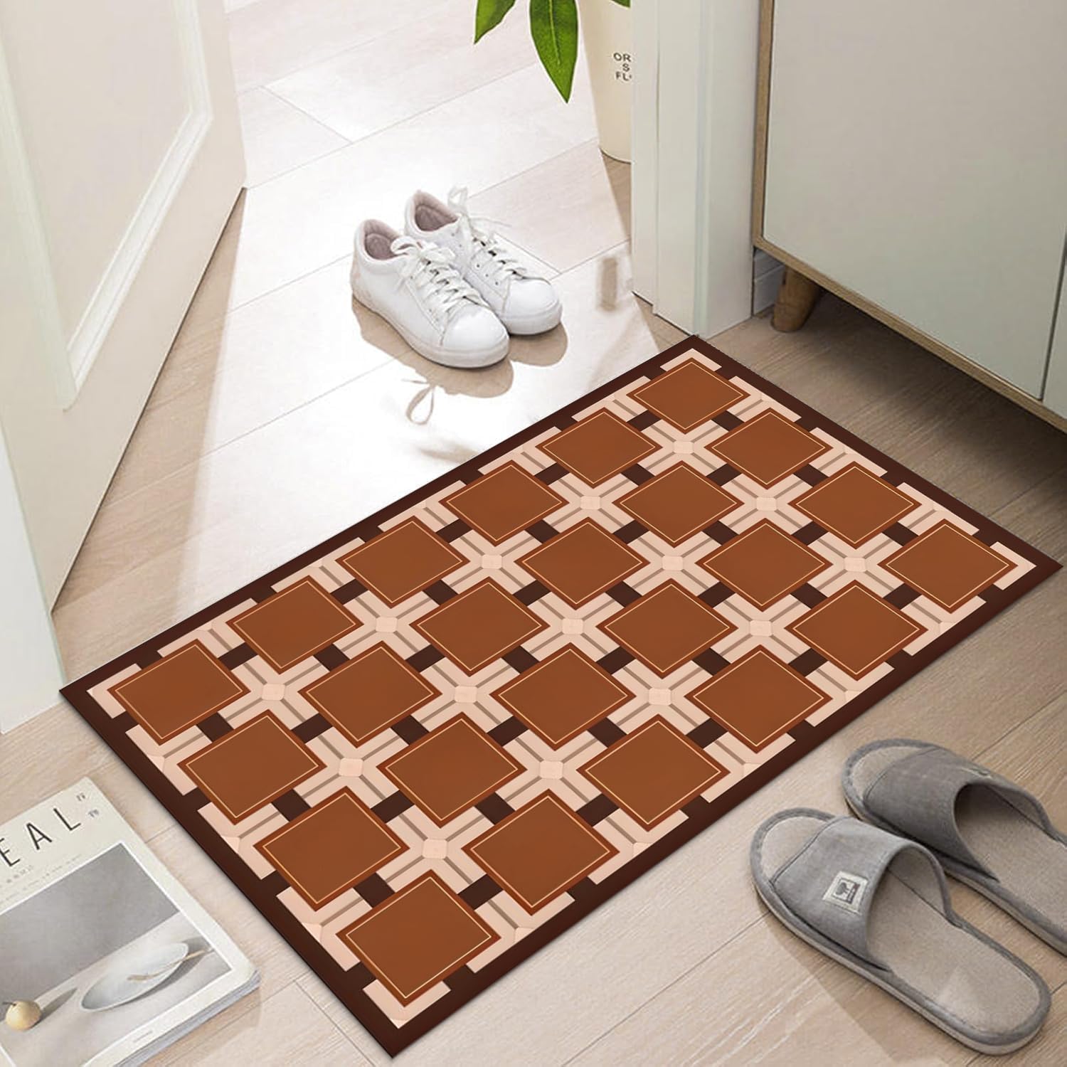 Ultra Thin Door Mat Indoor Entrance, 1/10 in Thin Door Mats for Inside Entry, Non-Slip Rubber Backing Washable Doormat, Fade Resistant, Absorbent, Low Profile Dirt Trapper, 30"X17",Orange Checkered — image 1