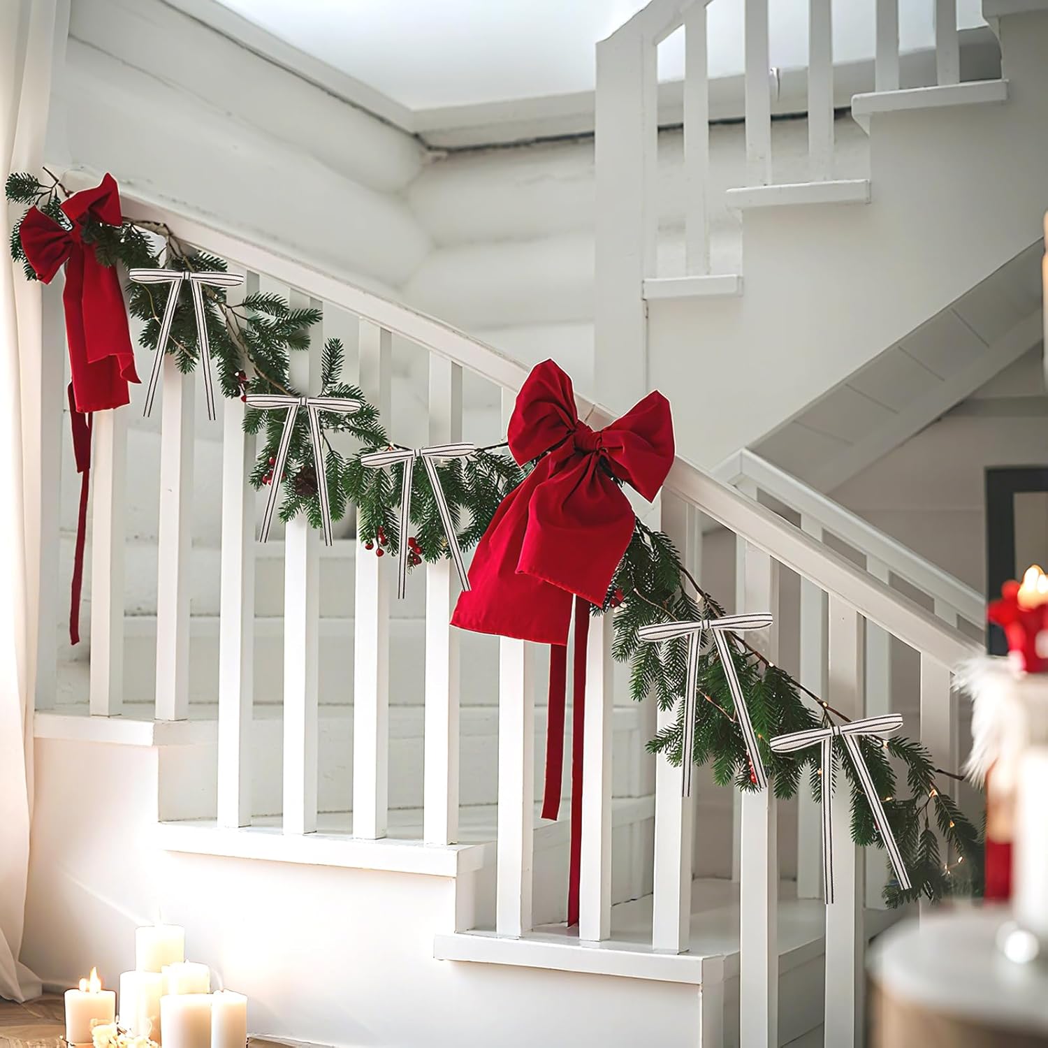 Riceshoot 24pcs Christmas Cotton Stripe Bows 5 x 7 Inch Vintage Rustic Pre-Tied Gift Bows with Wire Ties for Xmas Tree Wreath Fireplace Stairs Home Indoor Outdoor Decor(Black and White,Width of 3/8)