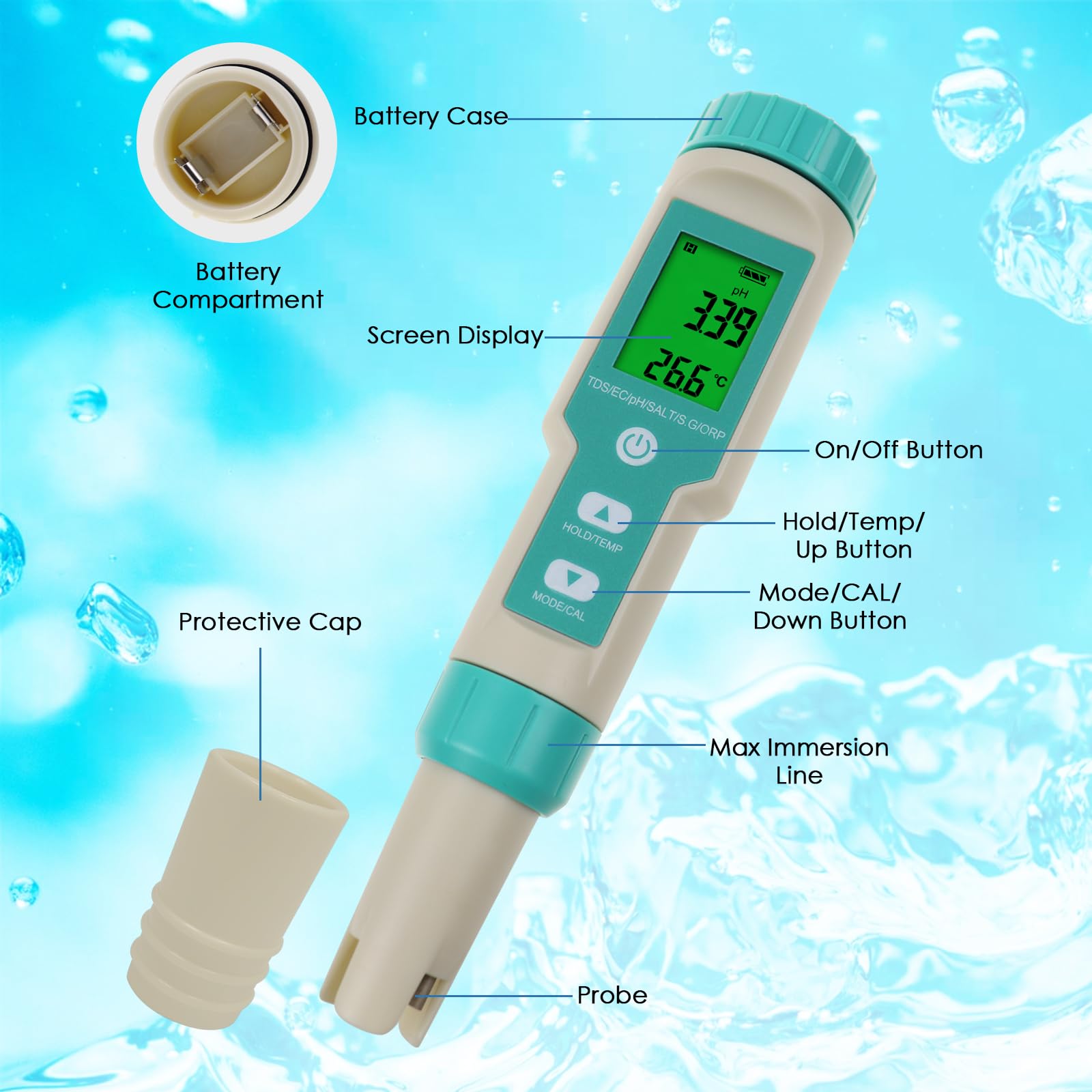 miernik pH wody: cyfrowy tester wody 7 w 1 z pomiarem pH, TDS, EC, ORP, soli, S.G i temperatury, tester pH w kształcie długopisu, miernik ppm z buforem pH, idealny do wody pitnej, basenów,