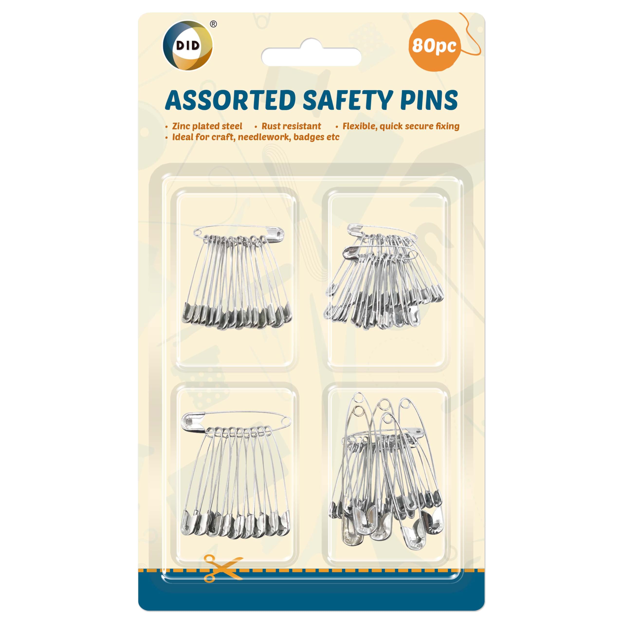 DID Assorted Safety Pins, Nickel Plated Steel Fasteners for Sewing, Craft Projects, Needlework, Badges, Repairs, Fabric Fixing, Clothing Alterations and Everyday Household Use Set (Pack of 80)