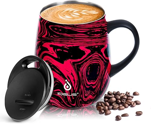 Miniatura 12 de Ideus Taza de café aislada de 16 oz con asa y tapa, taza de café térmica de acero inoxidable de doble pared con aislamiento al vacío, taza de café