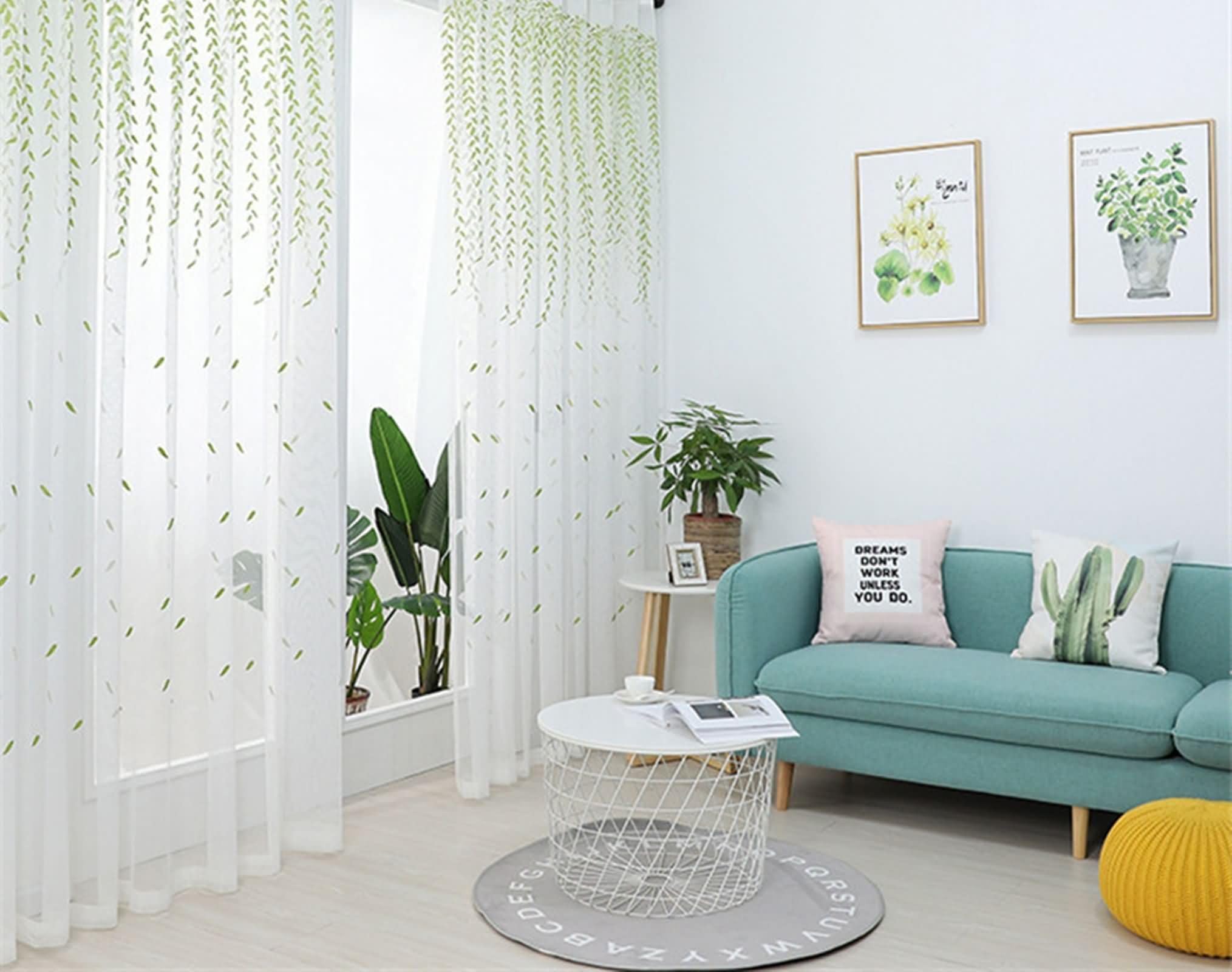 Rideaux voilage fenetre vert motif feuilles brodées à crochets 350x270cm 2pcs