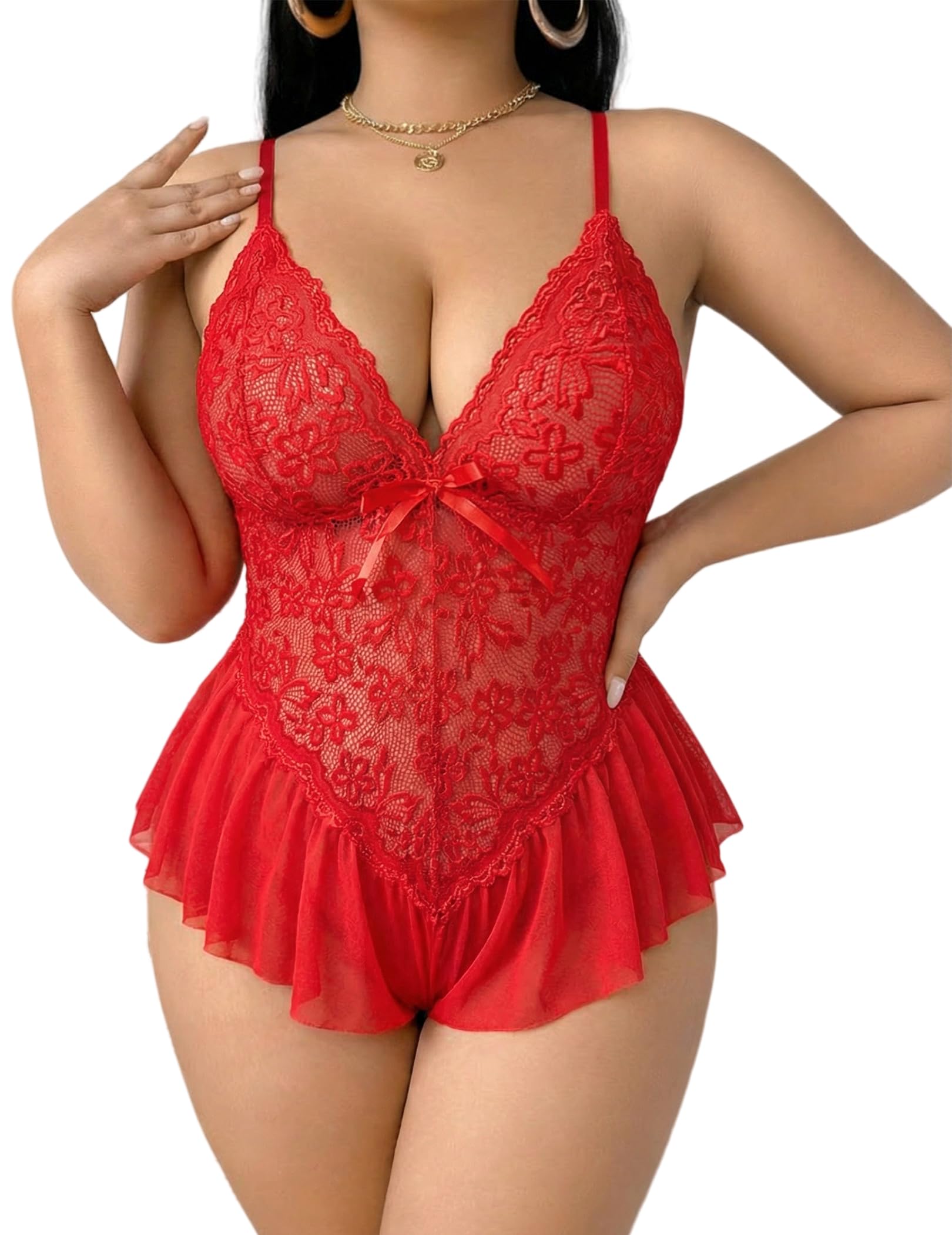 Nuisette rouge en dentelle pour pimenter vos soirées en amoureux en taille XXL - 8
