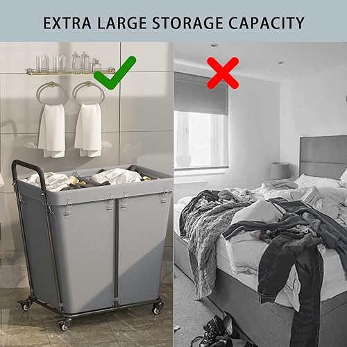 Miniatura 2 de Laundry Cart with Lockable Wheels 2 Section, 240L Large Capacity Commercial Laundry Sorter Rolling Laundry Cart with Sturdy Steel Frame and