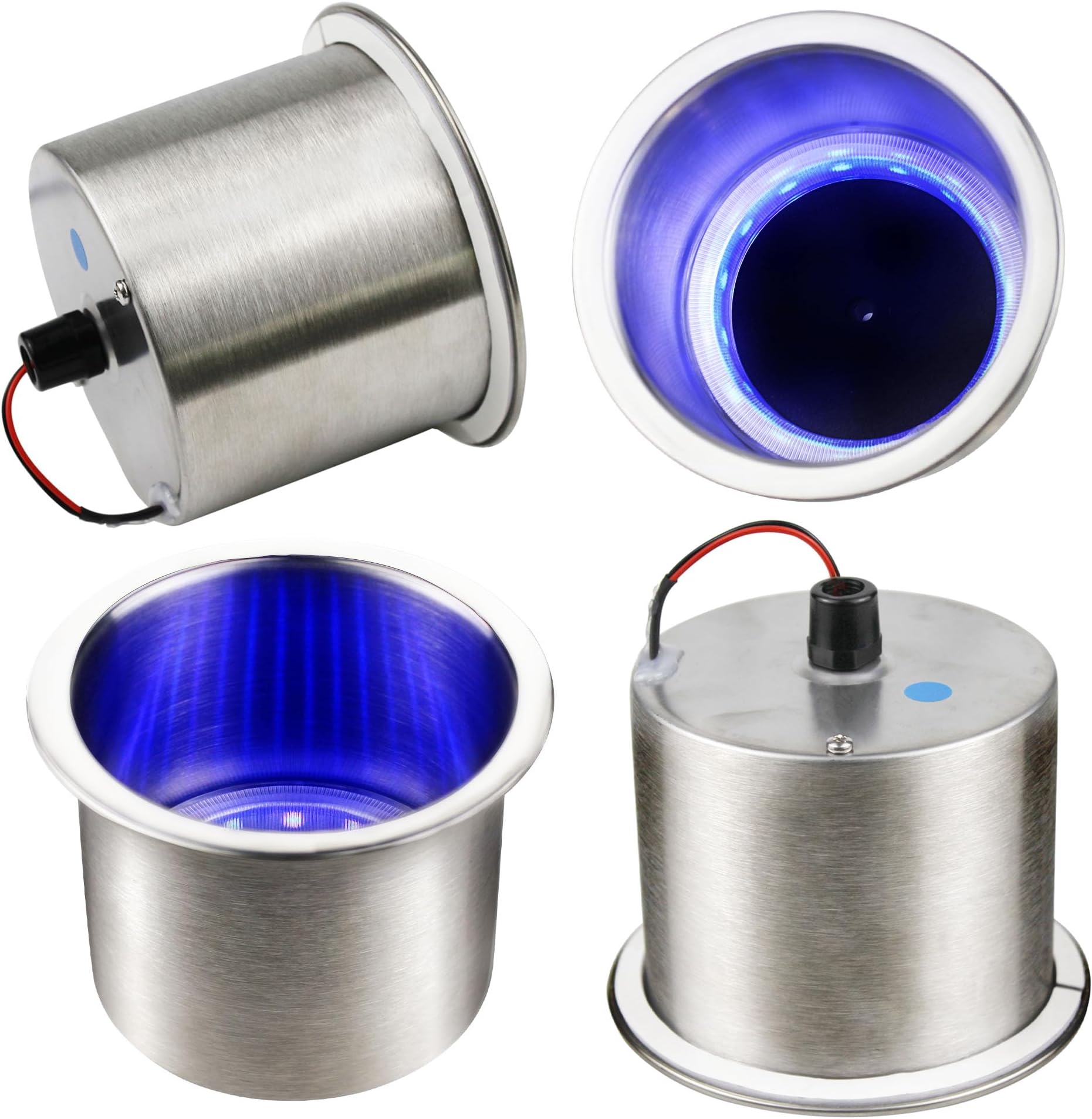 EASYEAHBlue LED Boat Cup Drink Holder - 4 Pack | Stainless Steel Polished Cup Holder Inserts with Drain for Marine Yacht Boats, RV Camper, Trucks, Cars, Couches, Golf Carts, 12V