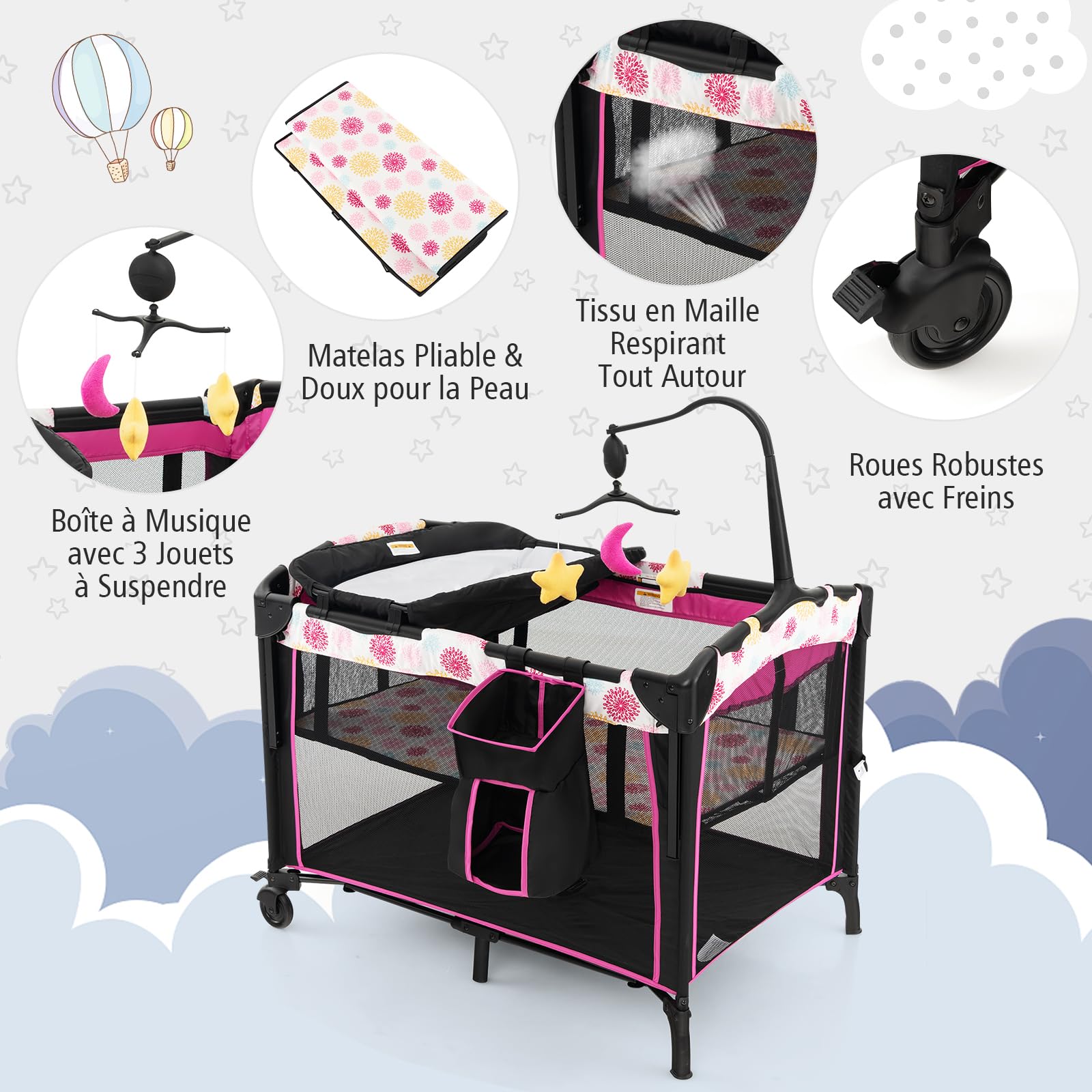 DREAMADE Lit Parapluie Bébé 4 en 1 107x72x119 cm Cododo avec Table à Lange & Matelas Noir+Rose