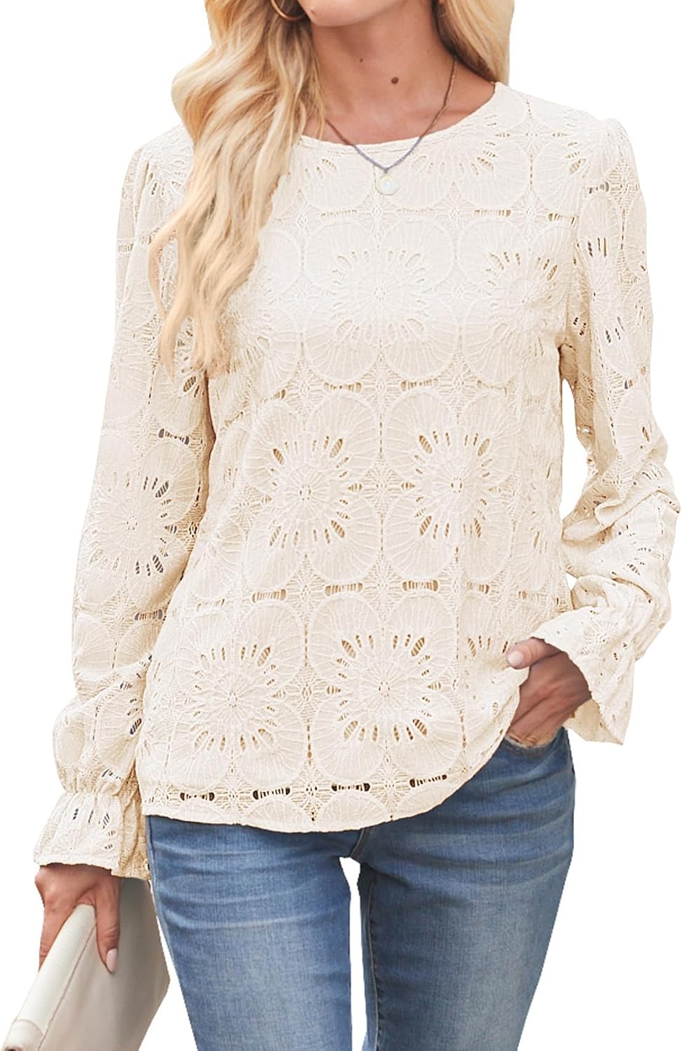 Halife Womens Blouses Eyelet Lace Dressy Elegant Long Sleeve Embroidered Tops Fall Fashion Clothes - Image 2