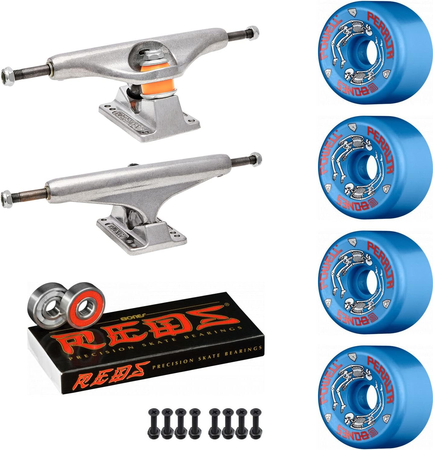Old School Skateboard Pack with Independent Trucks, Powell G-Bones Blue Wheels, Bones Reds Bearings, Mounting Hardware, and Risers, Stage 11 STD Raw 159 (8.75 inch)