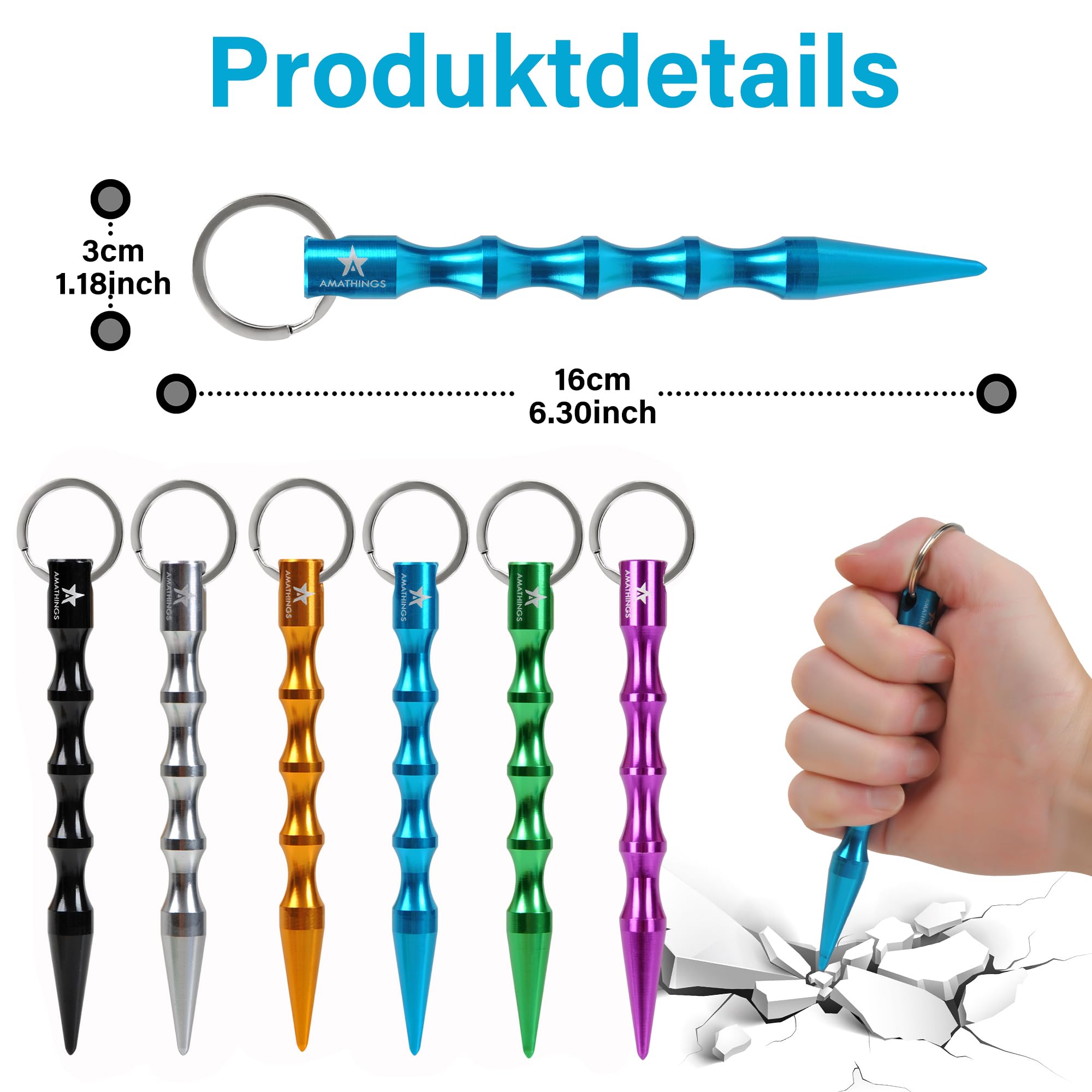 AMATHINGS Kubotan breloczek do kluczy do samoobrony z ergonomicznym uchwytem, broń do samoobrony, dla kobiet, broń do obrony dla kobiet, mała broń, kolorowy, M