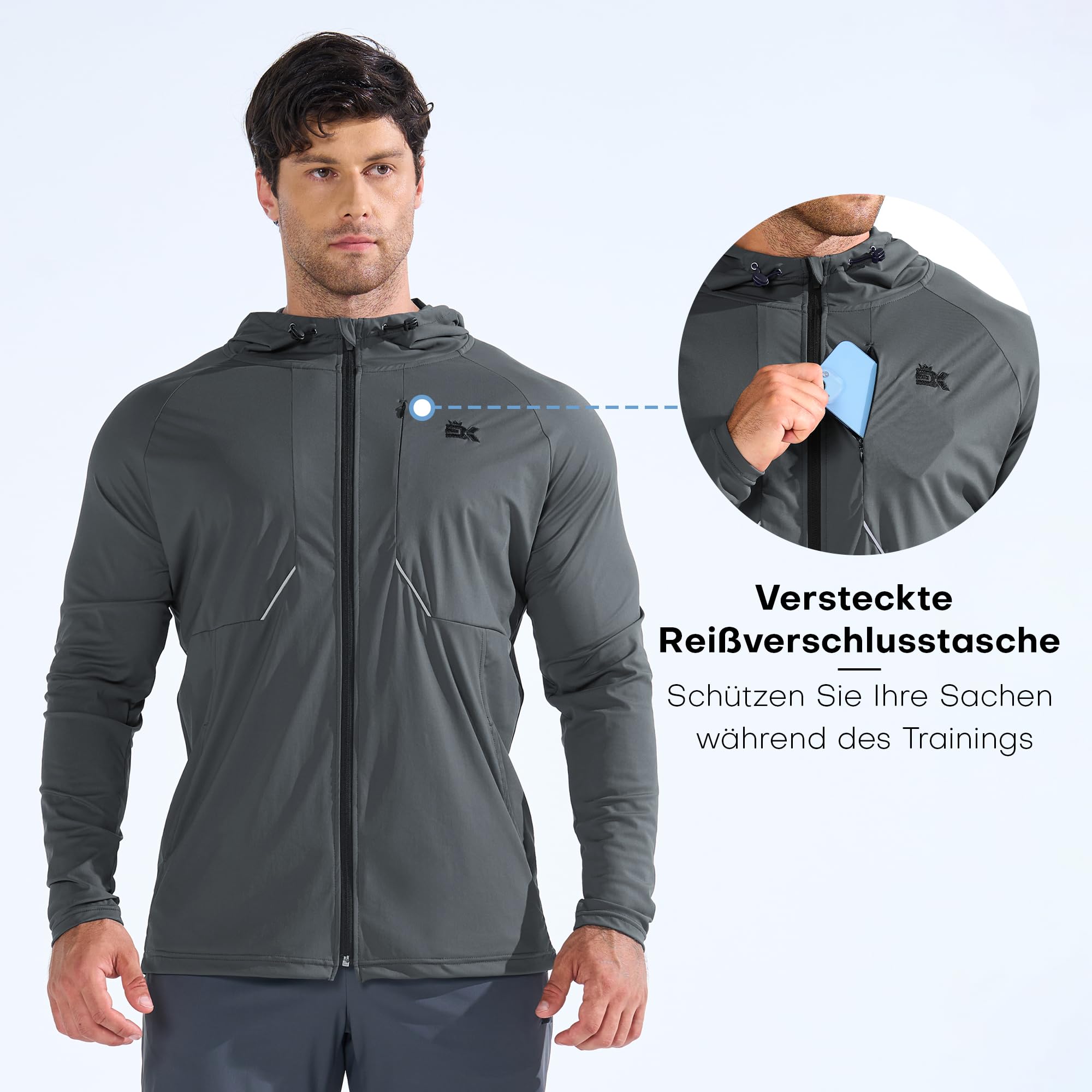 BROKIG Leichte Laufjacke Herren, Schnelltrocknende Trainingsjacke Atmungsaktives Hoodie Brusttasche mit Reißverschluss