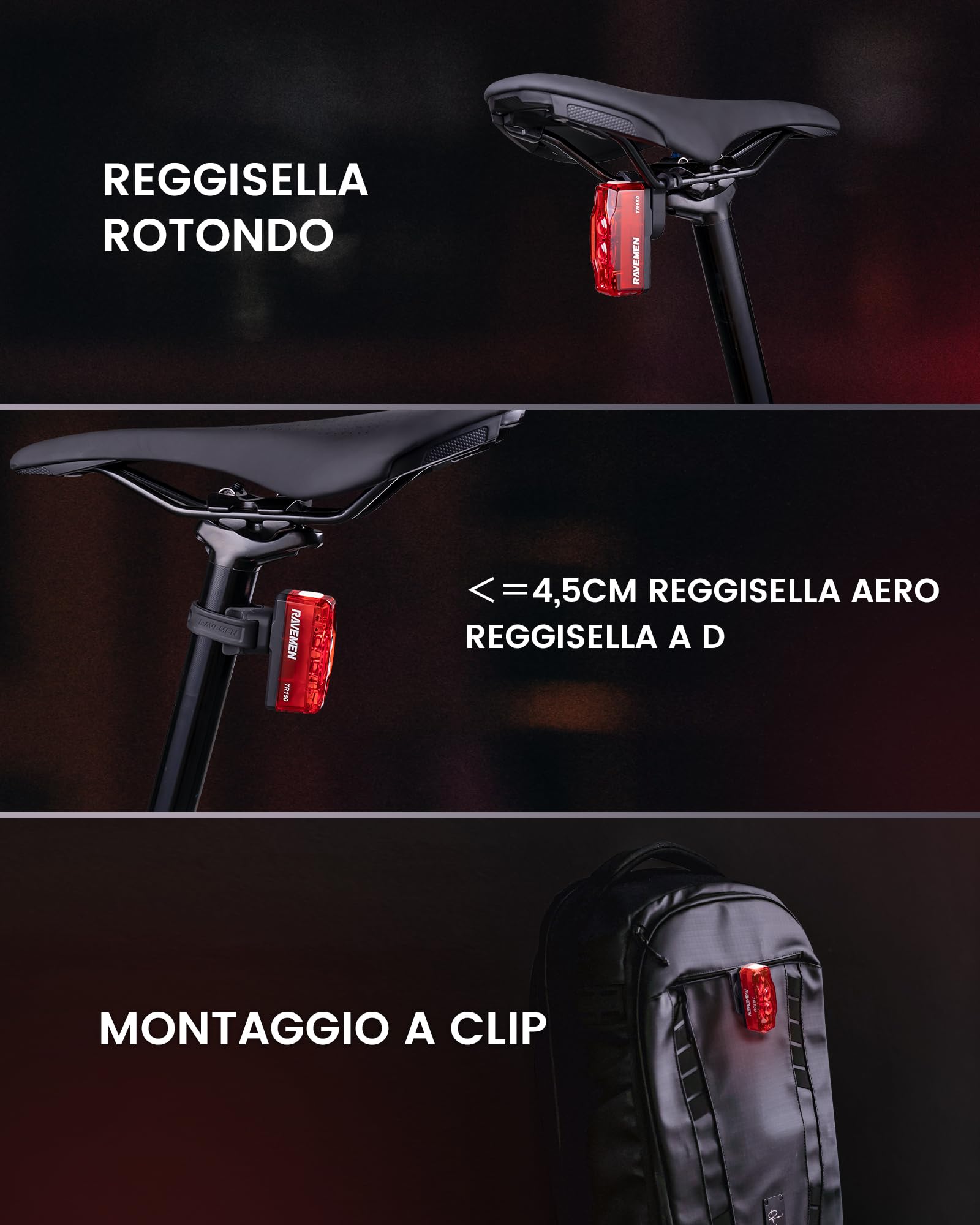 RAVEMEN TR150 Luce Posteriore per Bici,150 Lumen 6 Modalità Notte e Giorno, Rilevamento dei Freni ON/OFF Automatico Fanalini Ciclismo USB-C Ricaricabile Impermeabile IPX6