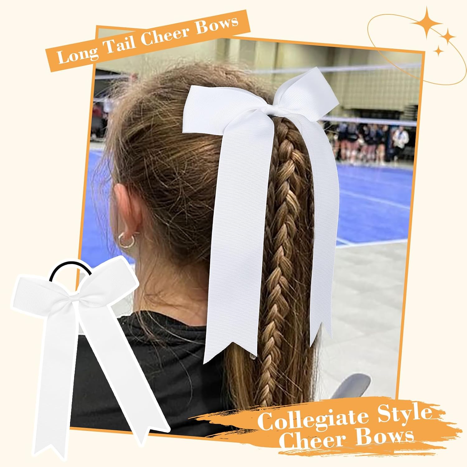 20 PCS College Style Cheer Bows Collegiate Long Tail Skinny Cheer Bow Elastic Hair Tie Bows for Teens Girls Softball Competition Sports Cheerleaders (White)