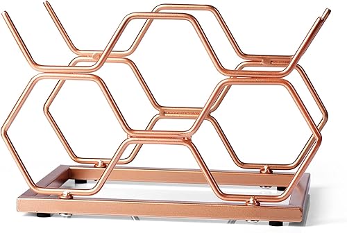 Miniatura 7 de Estante de vino para encimera, 5 botellas, de metal de color oro rosa, soporte para vino de mesa para gabinete, despensa, almacenamiento de botellas
