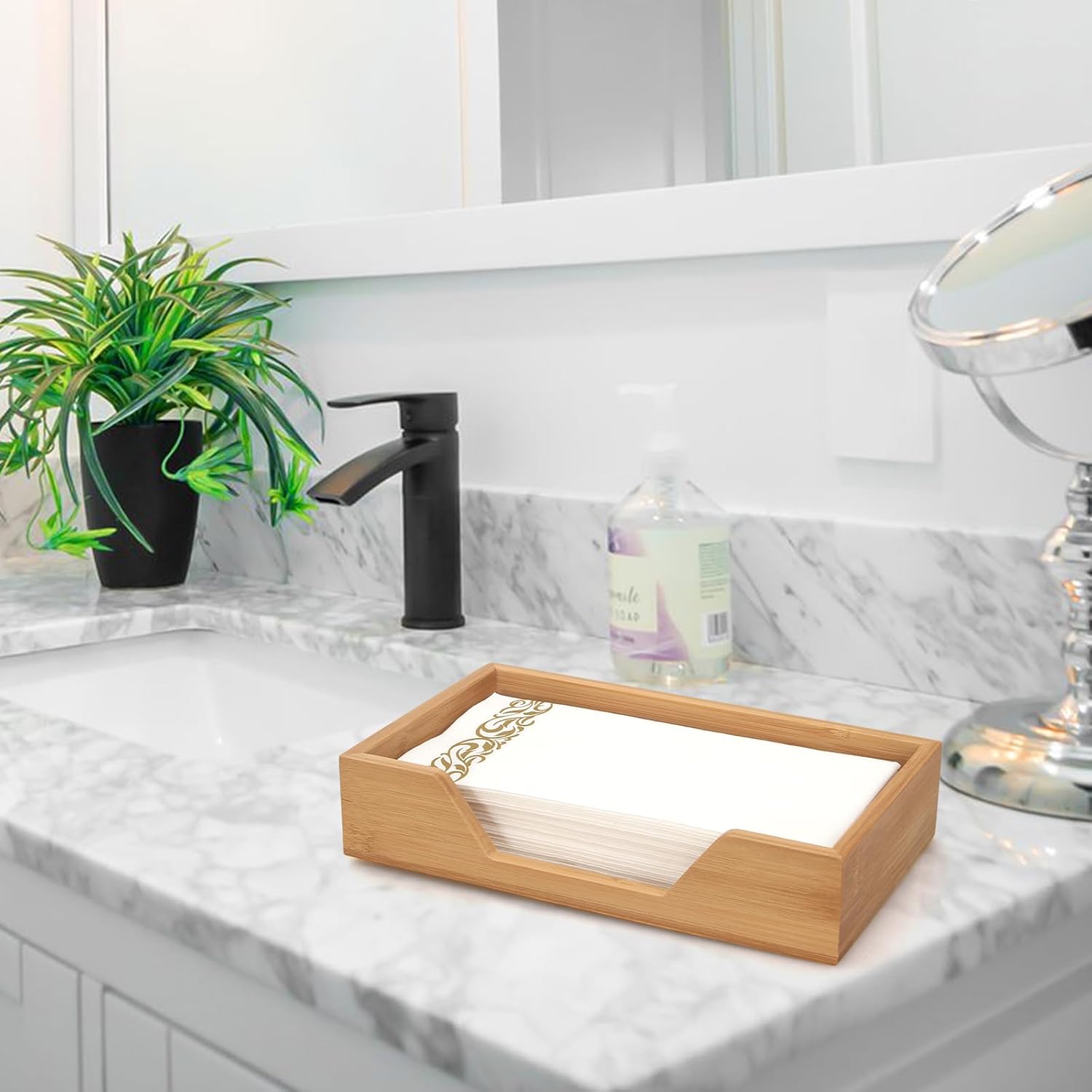 Bamboo Napkin Holder for Kitchen Table Bathroom Paper Towel Holder Farmhouse Flat Napkin Holders Guest Towel Holder Hand Towel Tray Rectangle Napkin Holder - Image 2