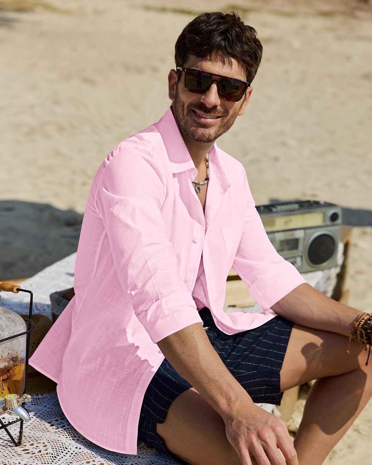 Alimens & Gentle Mens Cotton Linen Textured Shirt Long Sleeve Button Down Shirts Casual Summer Beach Wedding Tops with Pocket thumbnail