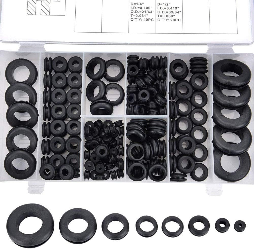180pcs Rubber Electrical Wire Gasket O Ring Washer Grommet Assortment Set | 1/4", 5/16", 3/8", 7/16", 1/2", 5/8", 7/8", 1"