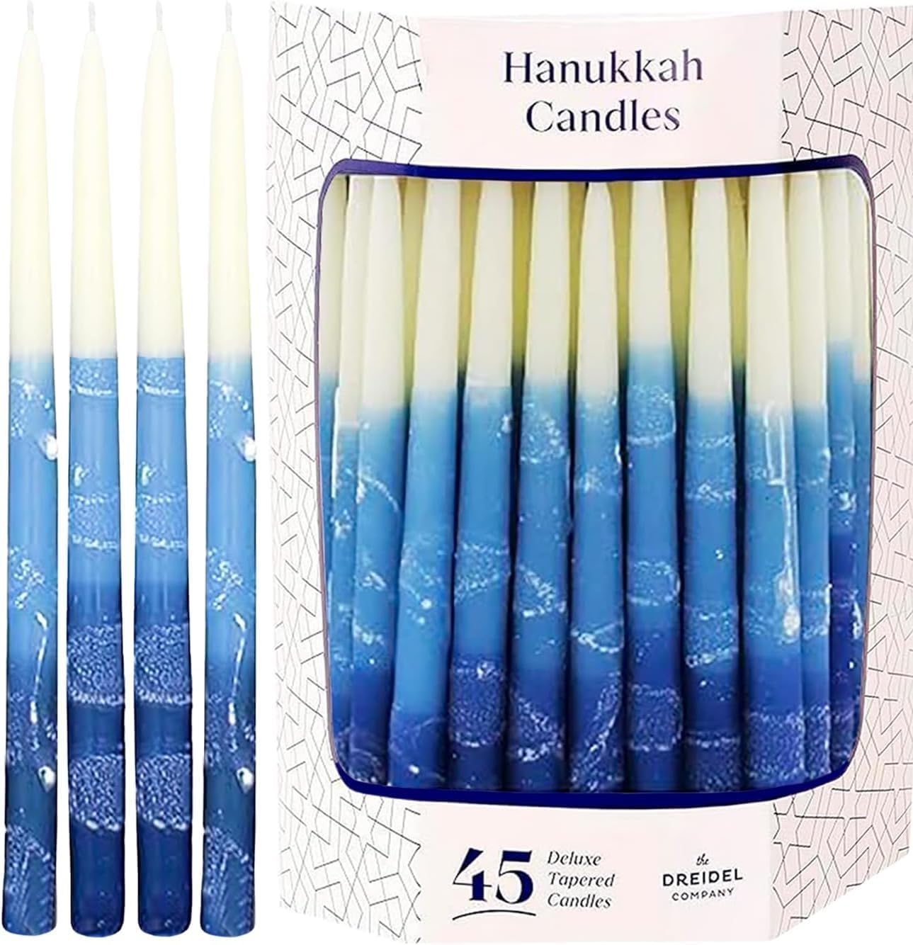 The Dreidel Company Dripless Premium Tapered Hand Decorated Multi Blue Frosted Hanukkah Candles, 45 Hanukkah Candles Premium Quality Wax, 1 Hour Burn Time