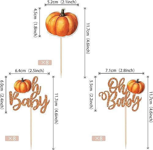 Miniatura 9 de Paquete de 24 adornos de calabaza para cupcakes con purpurina con temática de otoño, cosecha de otoño, temática de calabaza, baby shower,