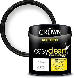 2.5L CROWN Easyclean Kitchen MATT Emulsion Multi Surface Paint With GREASEGUARD+ That can be Used on Walls, Ceilings, Wood and Metal. Stain & Scrub Resistant Formula – Pure Brilliant White